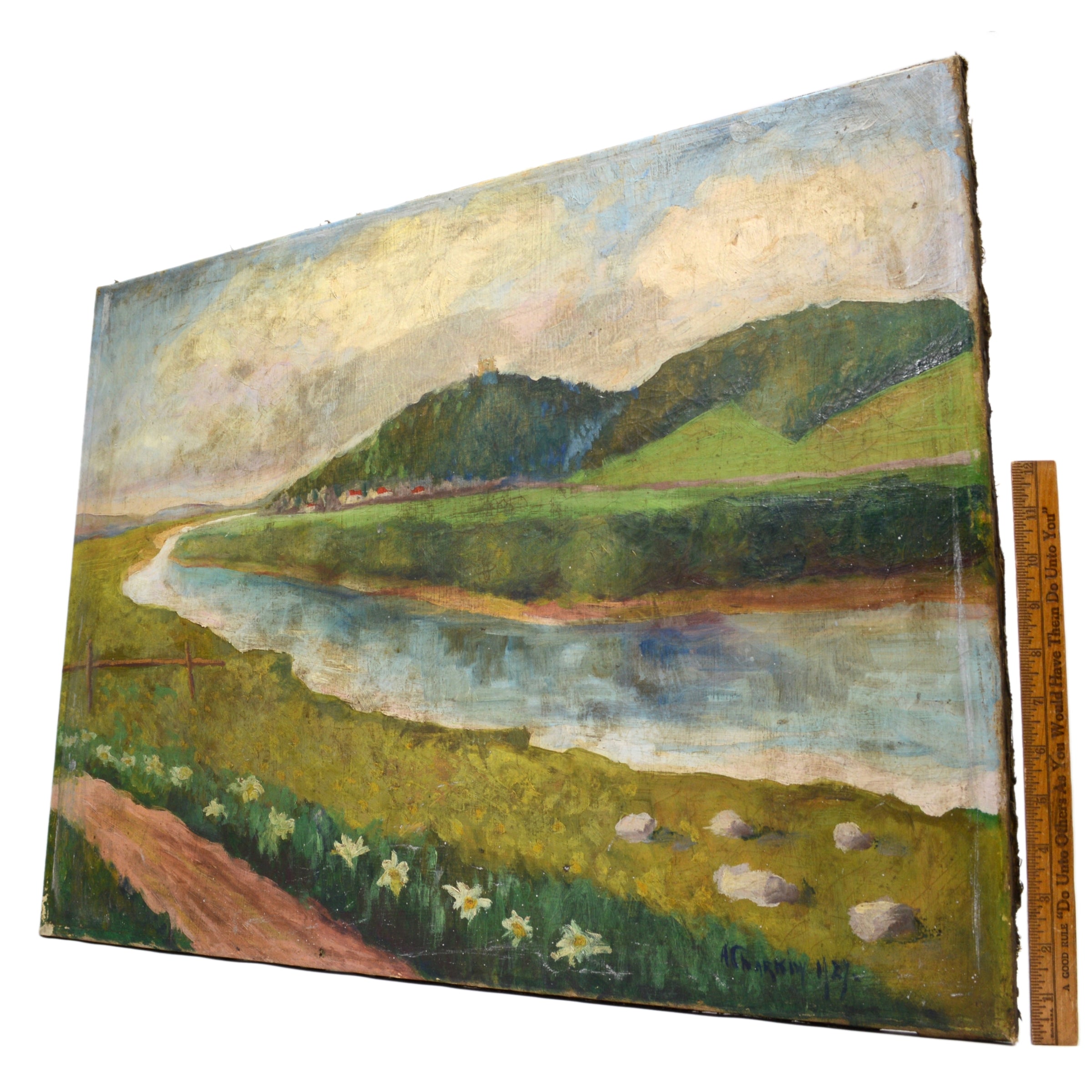 Antique Original Art Oil Painting - River Through Grasslands Landscape - Signed & Dated - Perfect for Home Decor, Office Wall Art & Gift Giving
