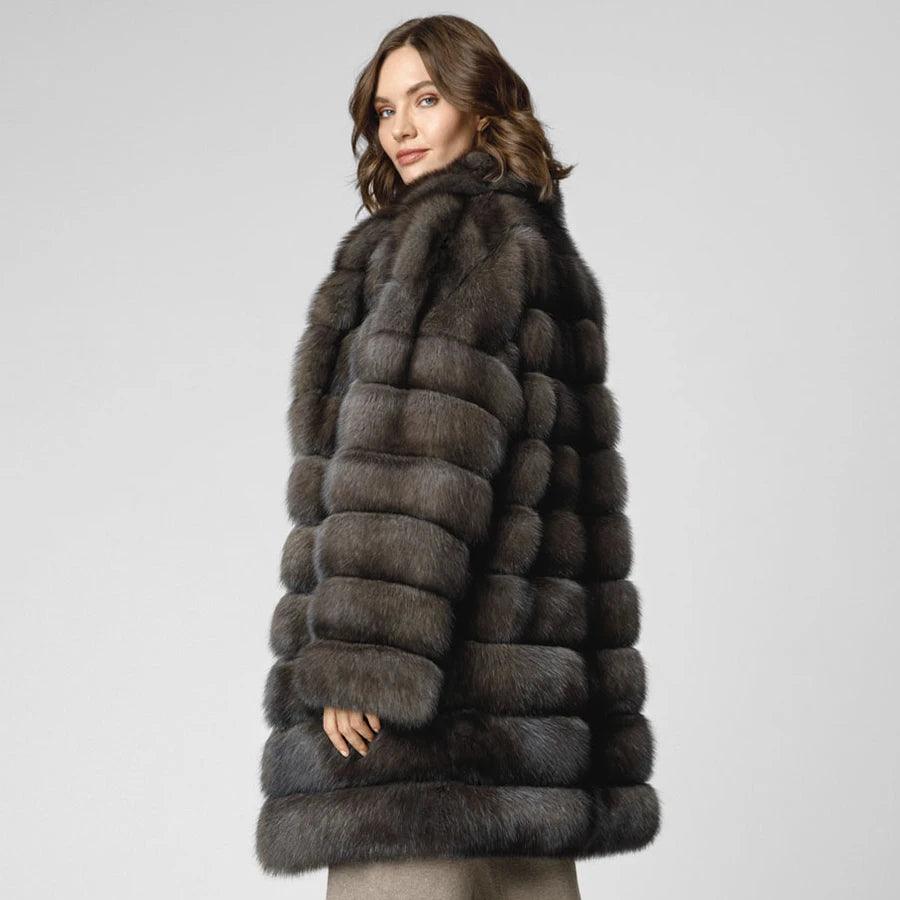 Luxury Women's Natural Fox Fur Long Coat - Warm Winter Outerwear for Fashion & Formal Occasions
