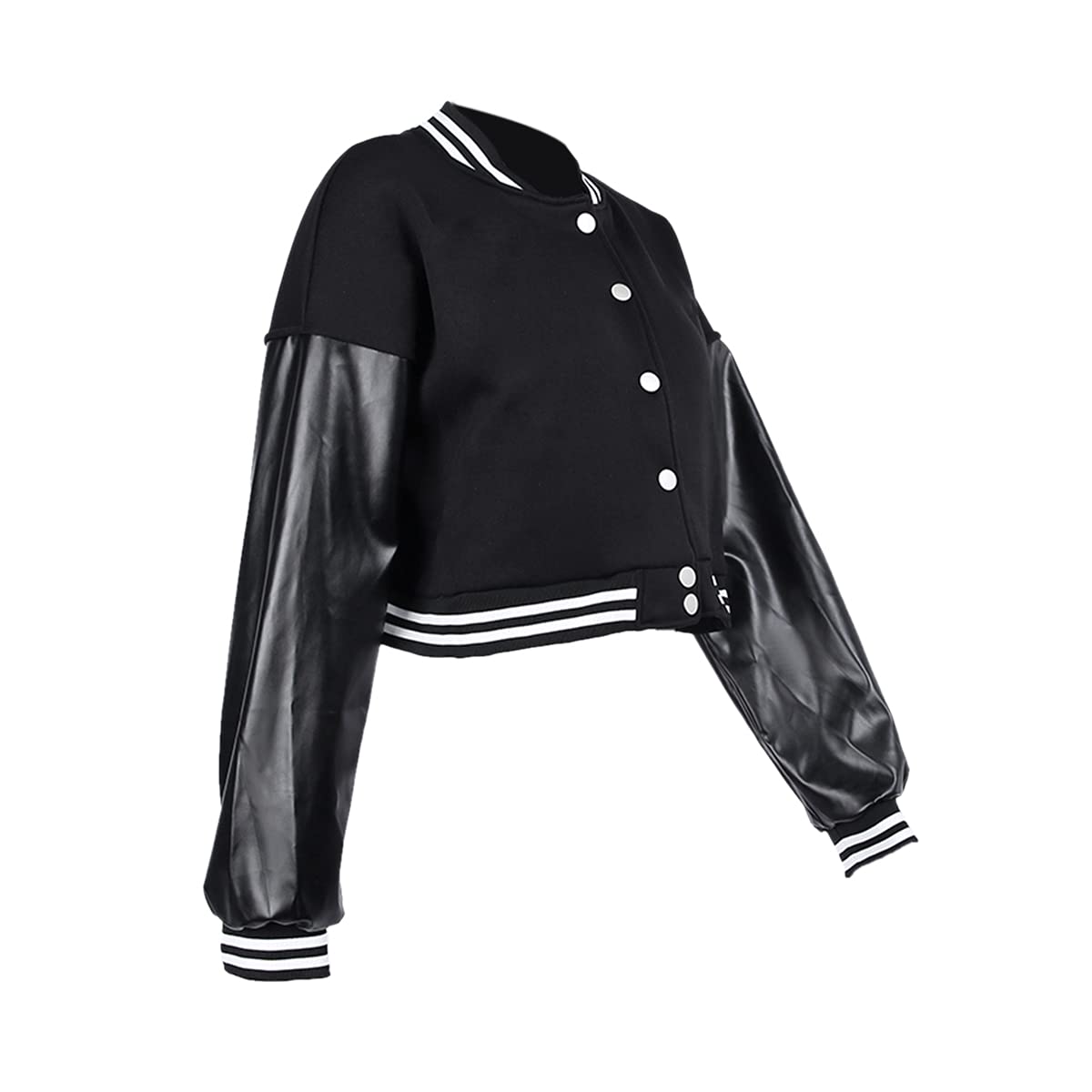 KIRJAUDU Women's Colorblock Patchwork Varsity Baseball Jacket - PU Leather Sleeve Cropped Bomber Coat for Casual Wear, Street Style & College Fashion