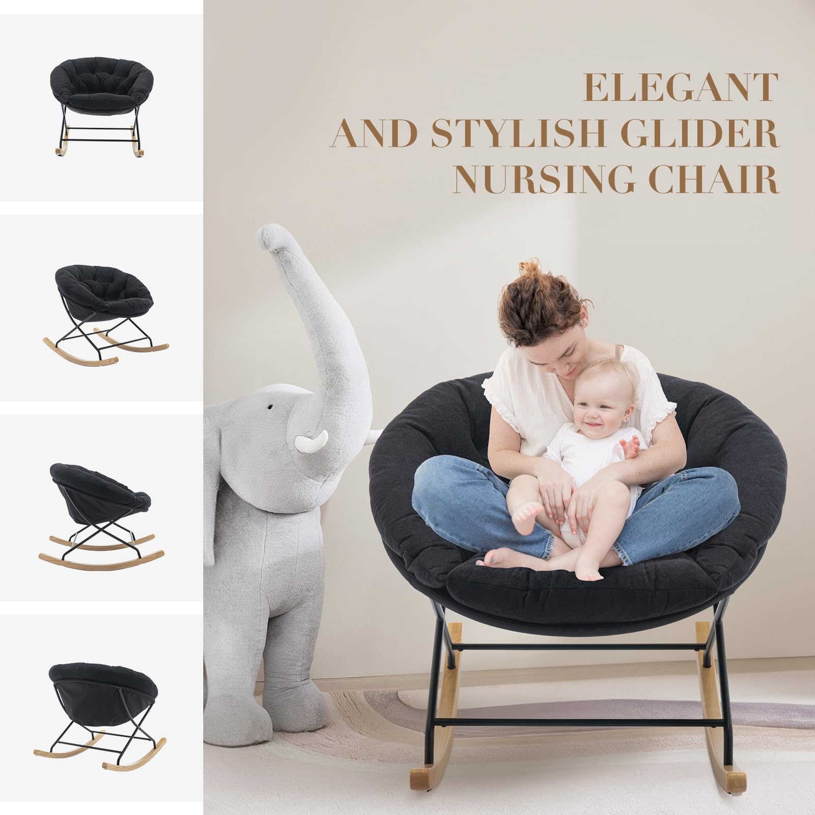COLAMY Upholstered Rocking Chair with Comfy Cushions - Nursery Glider, Saucer Armchair with Wood Base & Metal Legs - Perfect for Living Room, Bedroom, Office (Black) | Ideal for Nursing, Reading & Relaxation