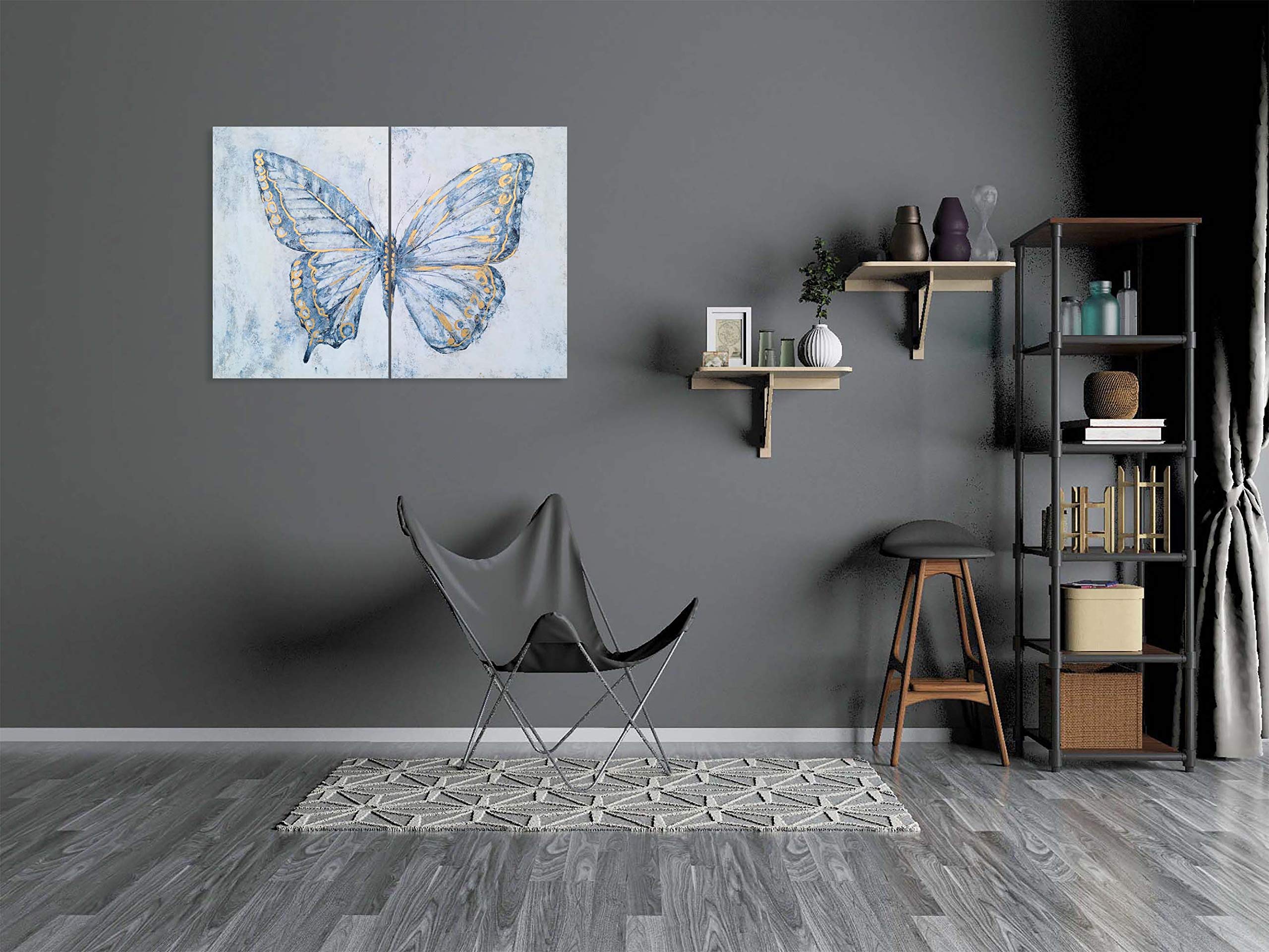 Hand Painted Blue & White Butterfly Canvas Wall Art Set of 2 - Modern Abstract Animal Paintings with Gold Foil Accents | Perfect for Living Room, Bedroom, Bathroom & Nursery Decor | Home & Office Wall Decorations