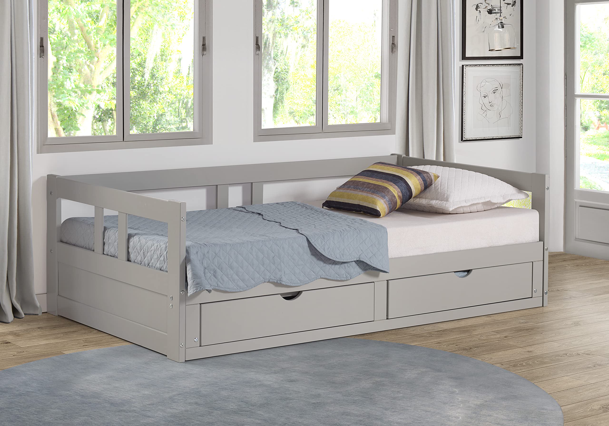Alaterre Melody Extendable Twin to King Daybed with Trundle & Storage Drawers - Brazilian Pine Wood, 400lb Capacity, Dove Gray - Perfect for Kids Bedroom, Guest Room & Small Space Furniture