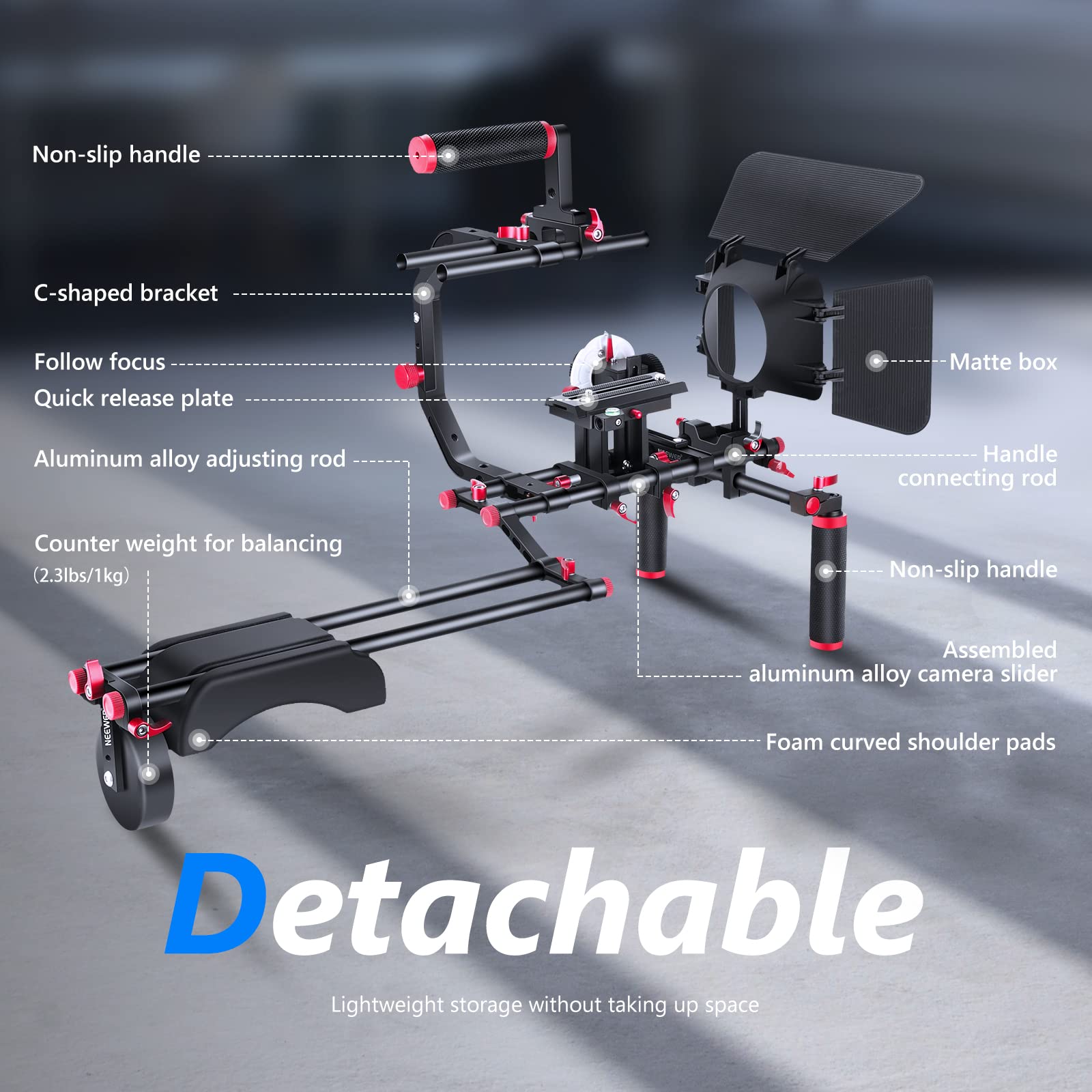 Neewer DSLR Shoulder Rig Kit - Professional Video Stabilizer for Filmmaking with Matte Box, Follow Focus, 15mm Rods & Handgrip (Red/Black) | Perfect for YouTube Videos, Documentary Shooting & Indie Film Production