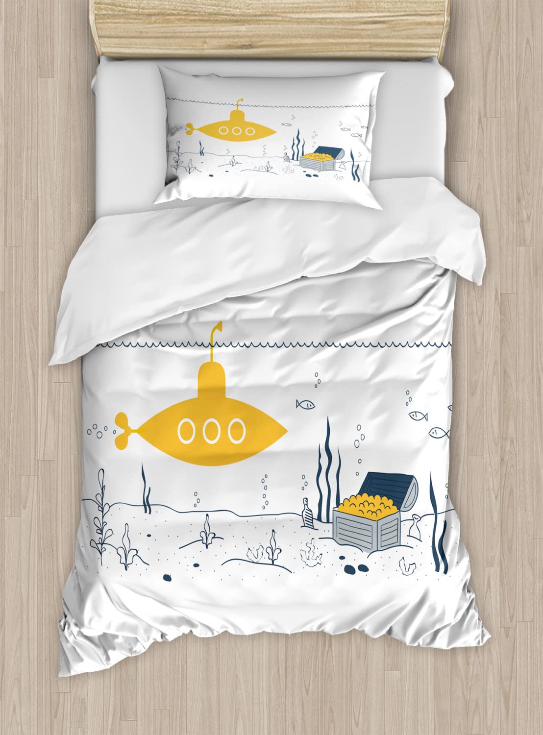 Ambesonne Yellow Submarine Duvet Cover Set - Underwater Theme with Fish & Treasure Chest Print, 2-Piece Twin Size Bedding Set (2 Duvet Covers + 2 Pillowcases) in White & Earth Yellow | Perfect for Kids' Rooms, Nautical Themed Bedrooms & Submarine Lovers