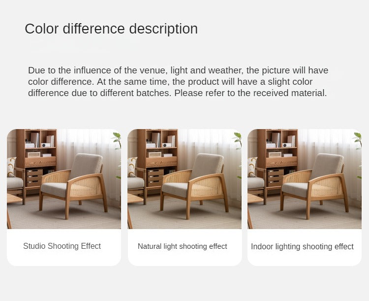 Solid Oak Wood Armchair with Milky Skin Tone Finish and Rattan Accents - Perfect for Living Room, Bedroom, or Office Decor
