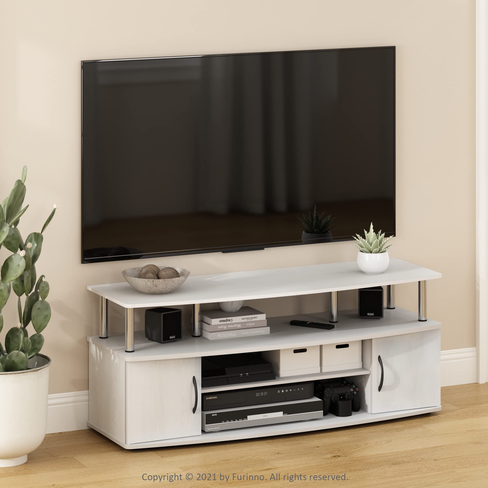 Furinno JAYA Large TV Stand for 55 Inch Flat Screen - White Oak & Chrome Finish - Sturdy Entertainment Center for Living Room, Bedroom, or Home Theater Setup