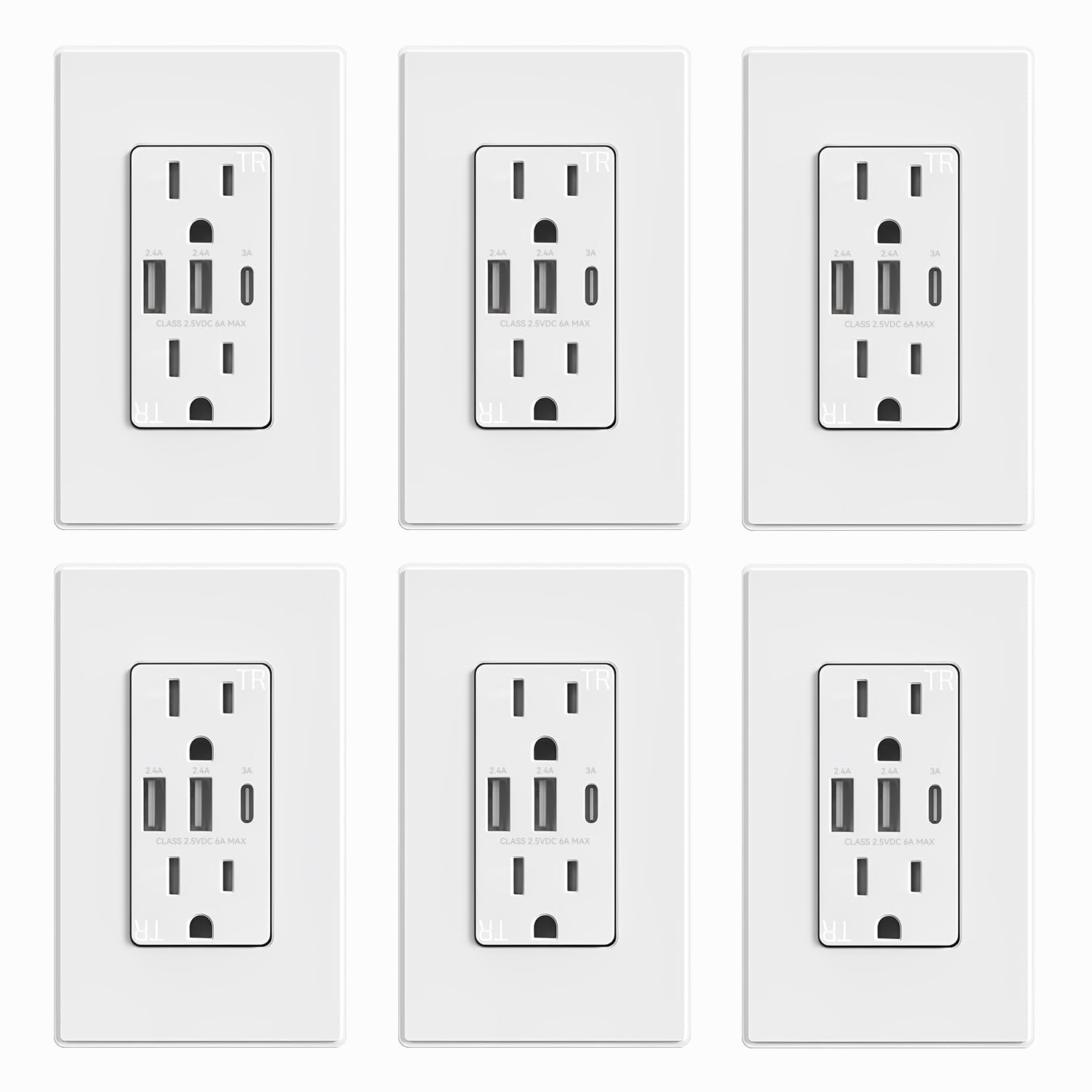 ELEGRP 3-Port USB C Wall Outlet - 30W 6.0A Fast Charging USB Electrical Outlet with Tamper-Resistant Design - UL Listed USB Outlet Receptacle with Screwless Wall Plate (6 Pack, Matte White) - Perfect for Home, Office & Hotel Charging Stations