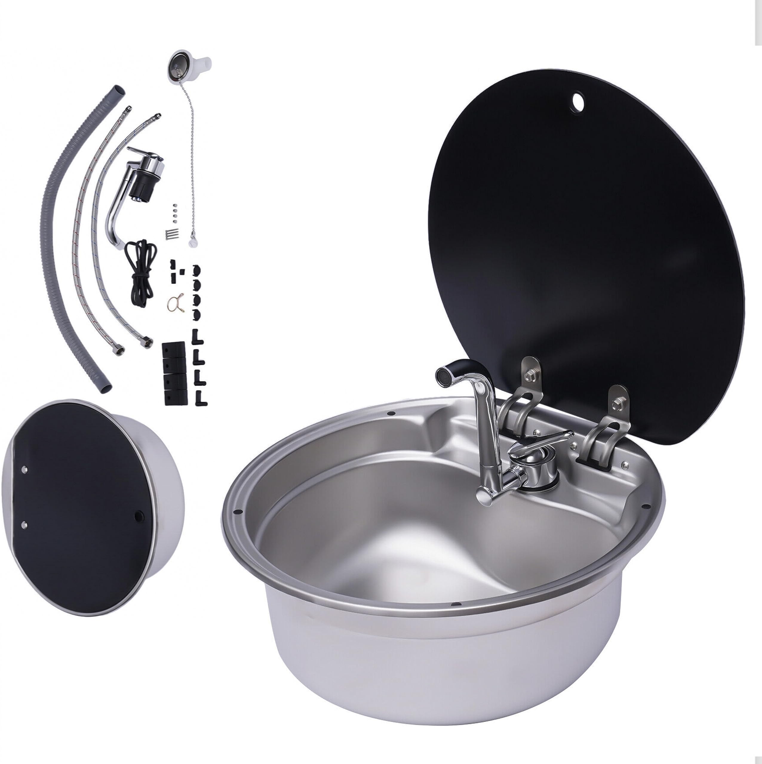 16 Inch Small RV Kitchen Sink with Foldable Faucet & Lid - Stainless Steel Single Bowl Hand Wash Basin for Bar, Caravan, Van, Camper, Boat - Perfect for Compact Spaces & Outdoor Adventures