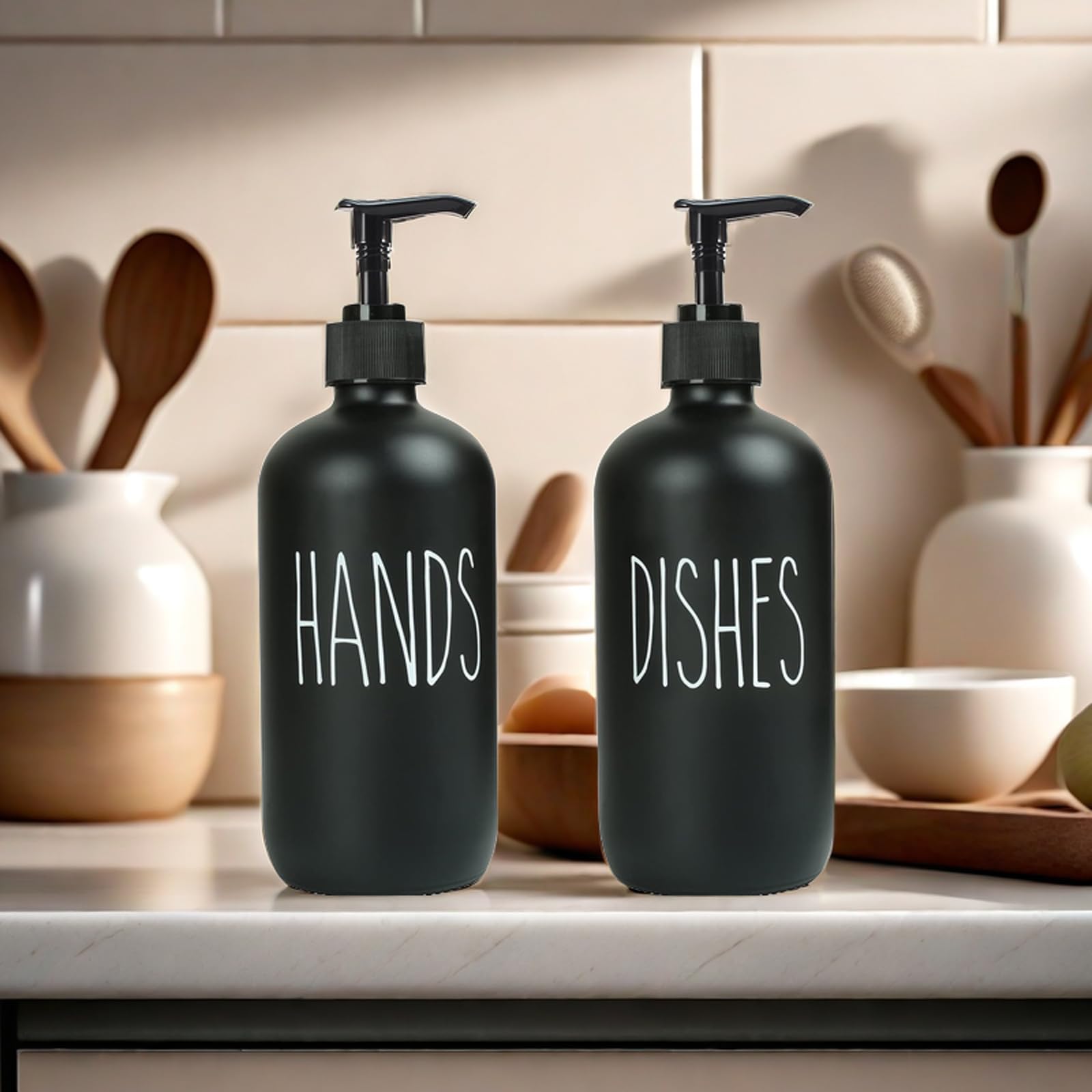GOYISEE 16oz Glass Soap Dispenser with Pump - Elegant Black Hand & Dish Soap Dispenser for Bathroom & Kitchen Decor | Perfect for Countertop, Sink Area, and Home Accessories Organization (Black & Black Set)