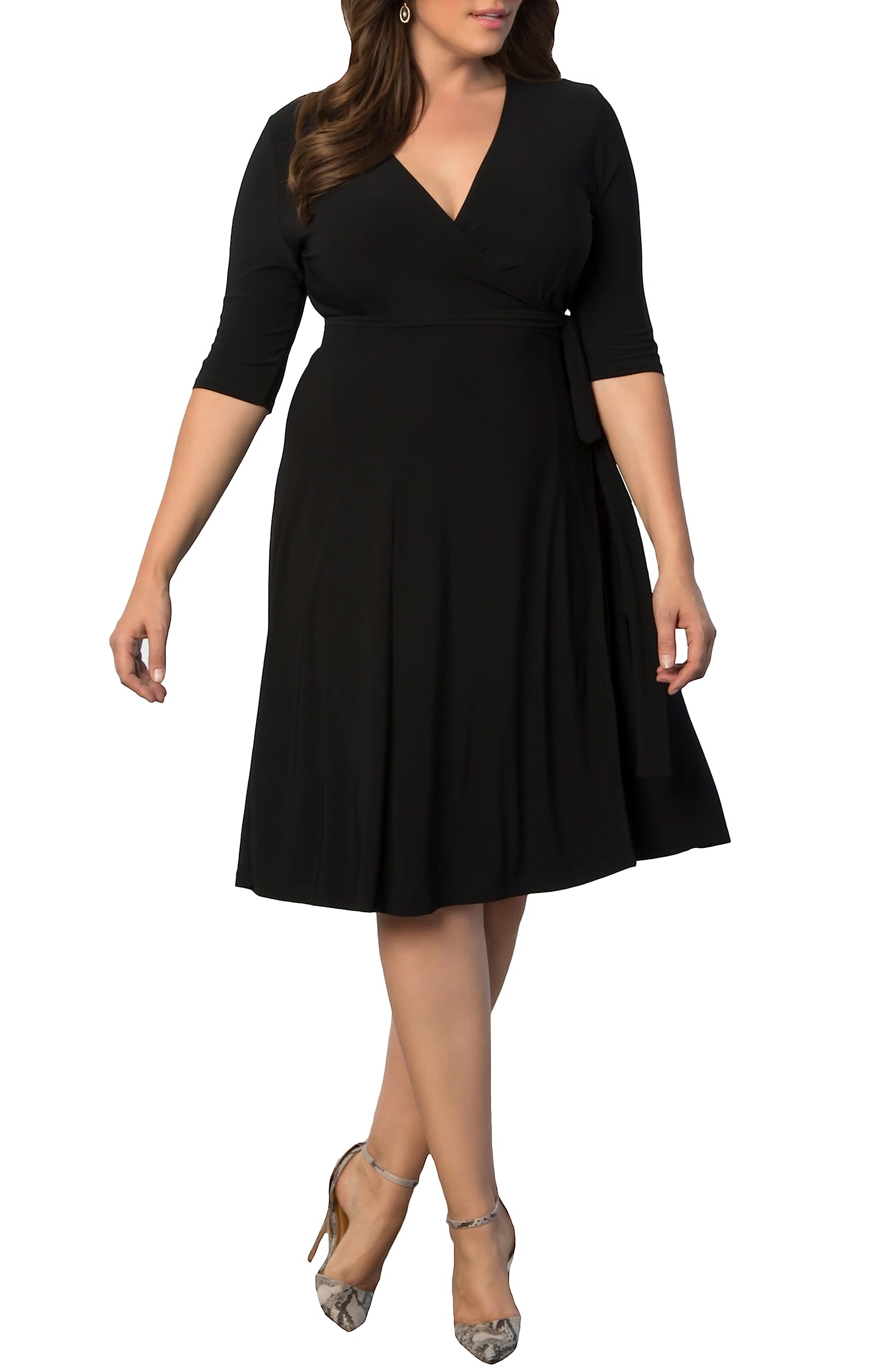 Kiyonna Women's Plus Size Essential Midi Wrap Dress with 3/4 Sleeves | Flattering Cocktail Party Dress, Wedding Guest Outfit & Office Work Attire | Perfect for Special Occasions, Date Nights & Professional Events