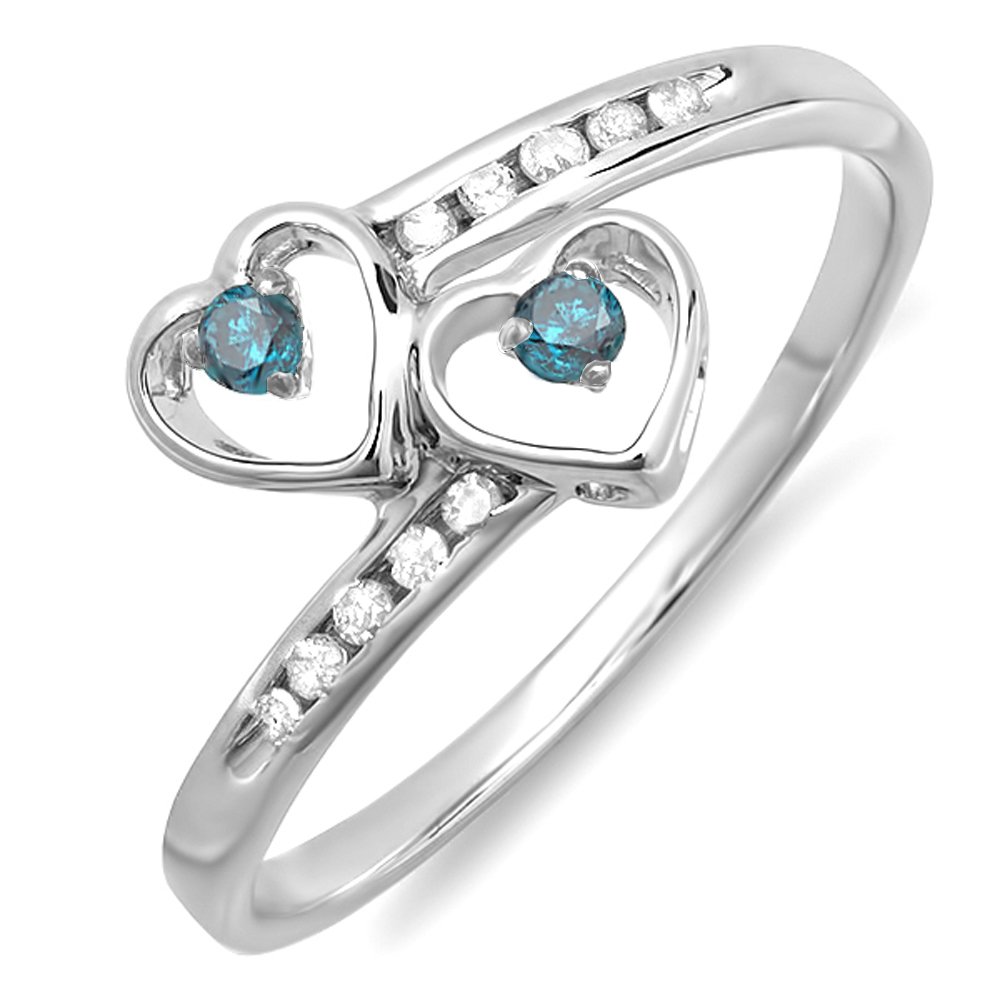 0.15ctw Blue & White Diamond Double Heart Promise Ring for Women - Sterling Silver Bridal Jewelry - Perfect for Engagement, Anniversary & Romantic Gifts
