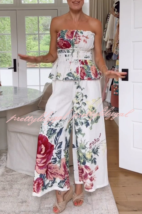 Summer Linen Blend Floral Print Bandeau Top & Elastic Waist Pocket Pants Set - Casual Beach Outfit, Vacation Wear, Boho Chic Lounge Set