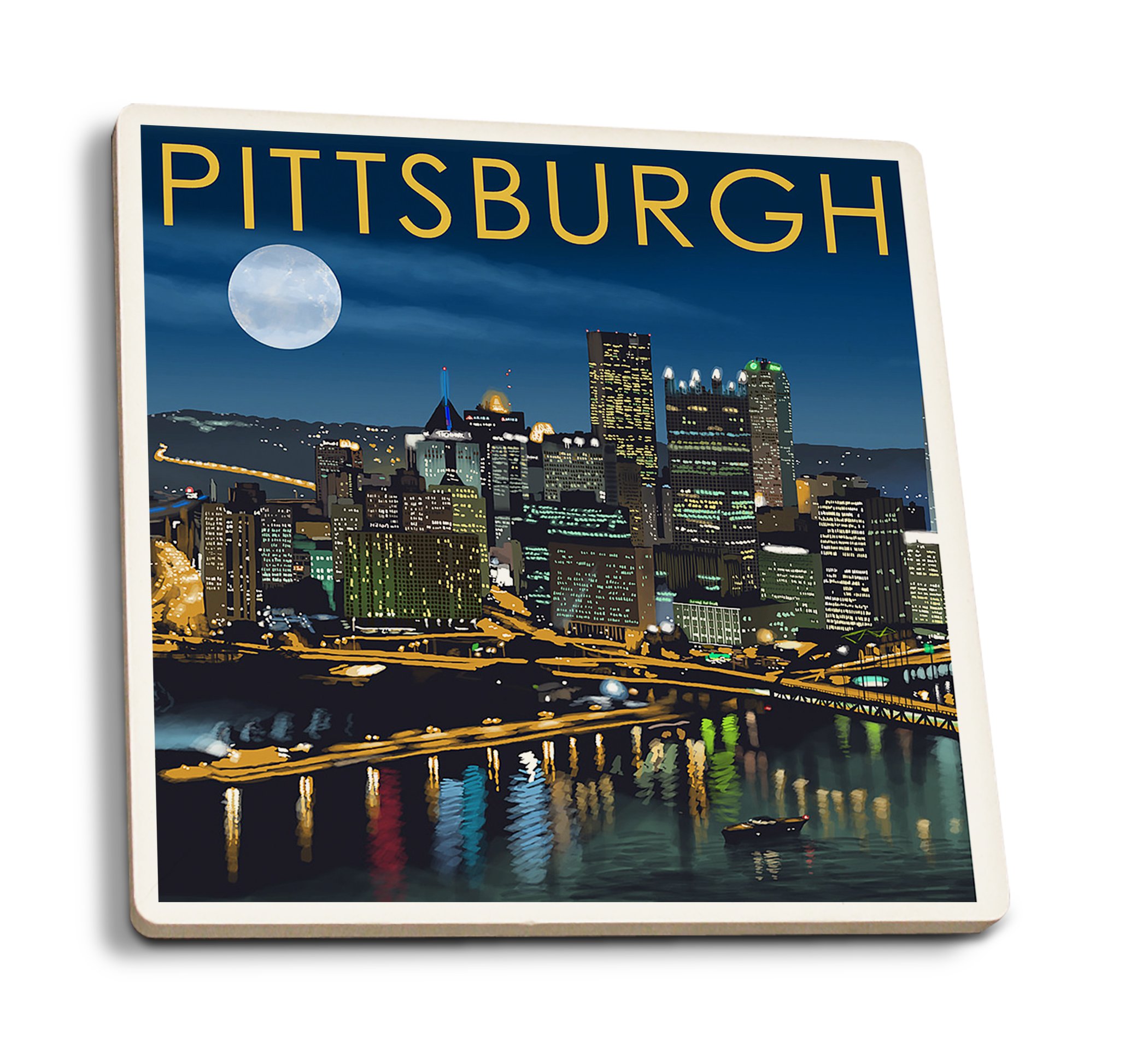 Pittsburgh Pennsylvania Skyline at Night Ceramic Coasters Set of 4 - Absorbent Cork Backed Drink Coasters for Kitchen Table Decor - Perfect for Home Bar, Office Desk & Gift Giving