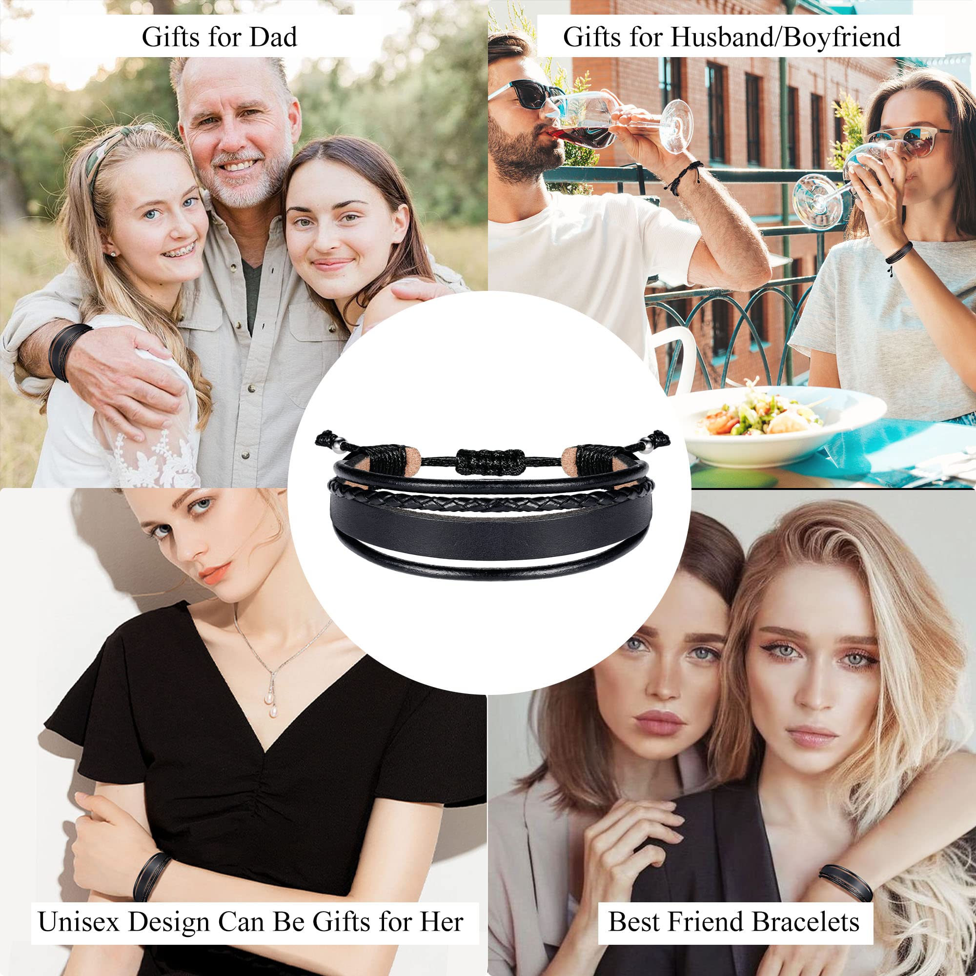 Handmade Black Braided Leather Bracelets for Men & Women - Inspirational Motivational Gifts for Boyfriend, Husband, Dad - Birthday, Anniversary, Christmas Stocking Stuffers | Perfect for Everyday Wear, Work, Travel & Special Occasions