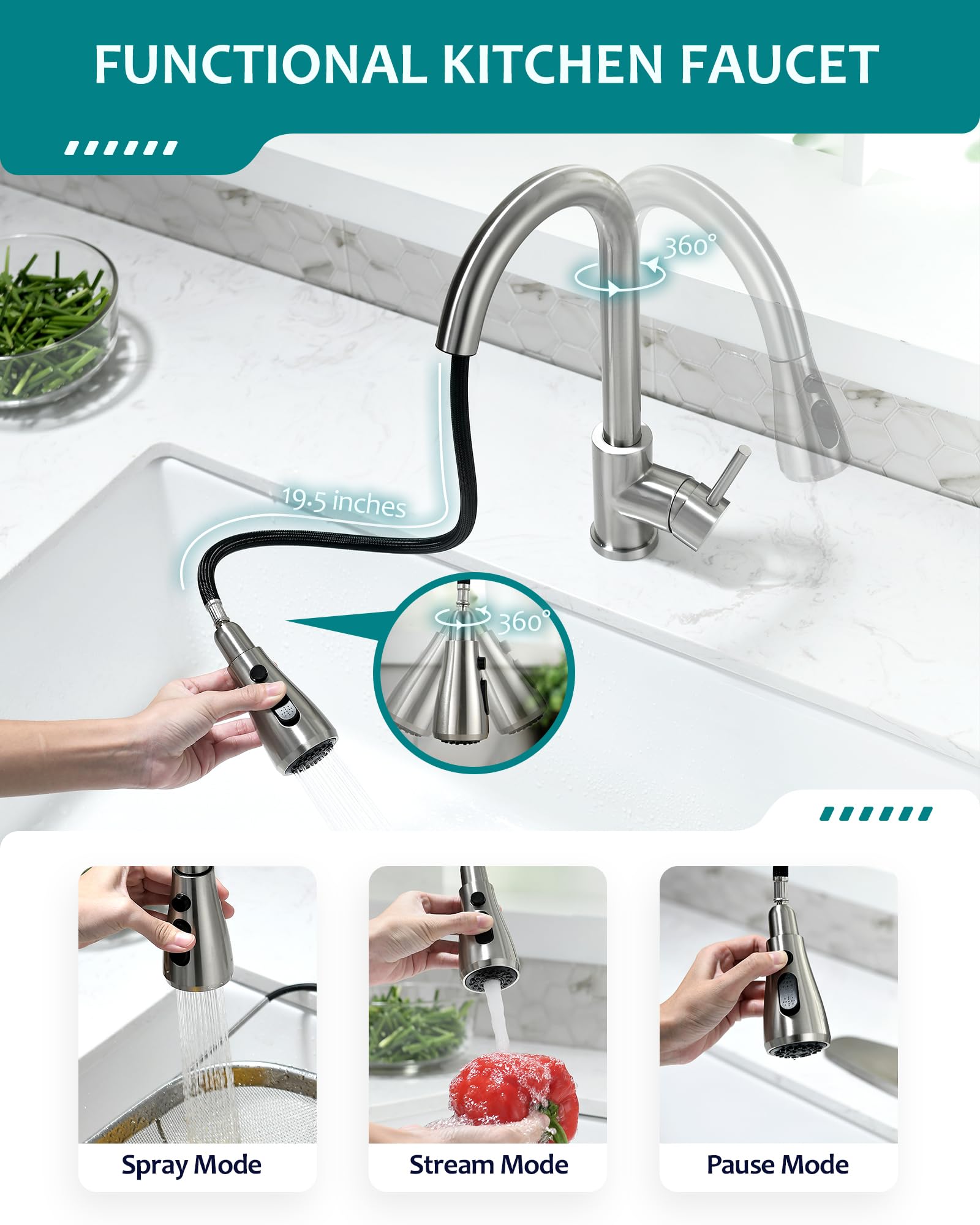 VFAUOSIT Brushed Nickel Kitchen Faucet with Pull Down Sprayer - 14.4 Inch Height, 360° Rotating Spout, Stainless Steel Single Hole Sink Faucet for 1-3 Hole Sinks | Perfect for RV, Farmhouse & Camper Kitchens