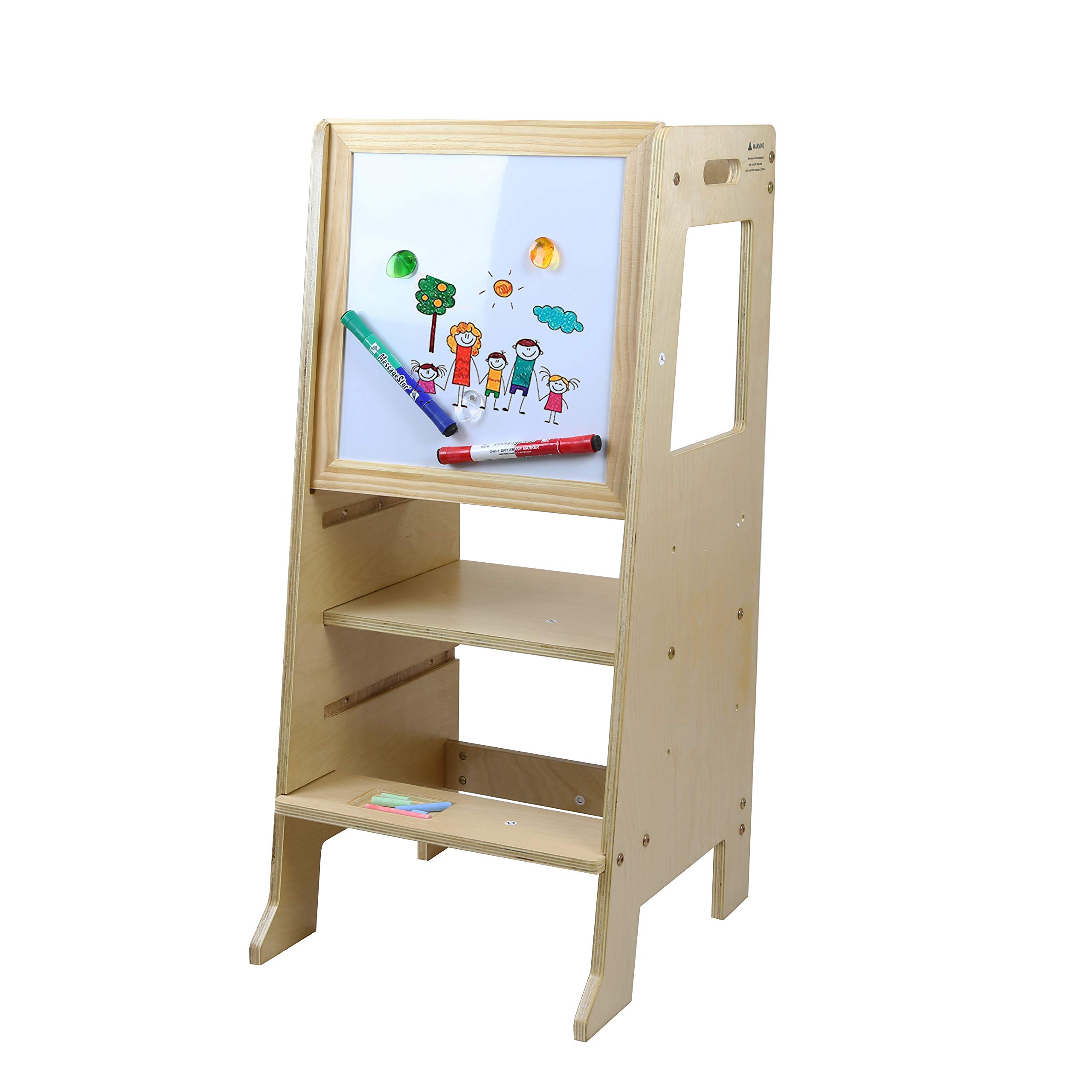Adjustable Kids Kitchen Step Stool with Black & White Activity Board - Toddler Learning Tower for Cooking, Baking & Play - Safe Chef Helper Standing Stool for Toddlers & Preschoolers - Perfect for Home Kitchens & Montessori Learning