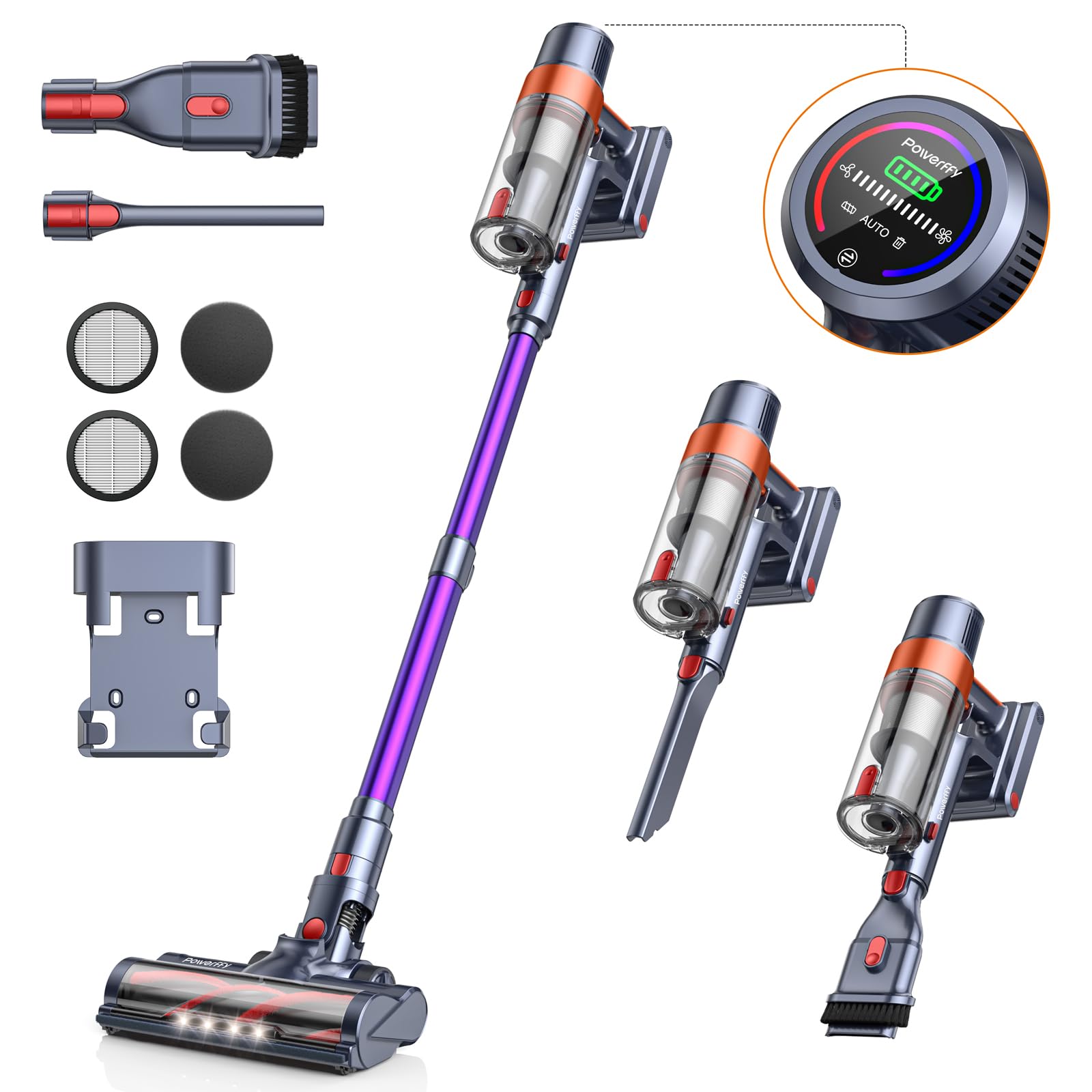 Powerffy Cordless Vacuum Cleaner - 450W/40Kpa Stick Vacuum with 55 Min Runtime, Smart Auto-Sensing Mode, 1.5L Dust Cup & LED Touch Screen - Lightweight for Hard Floors, Carpets & Pet Hair (V8) - Perfect for Home Cleaning & Pet Owners