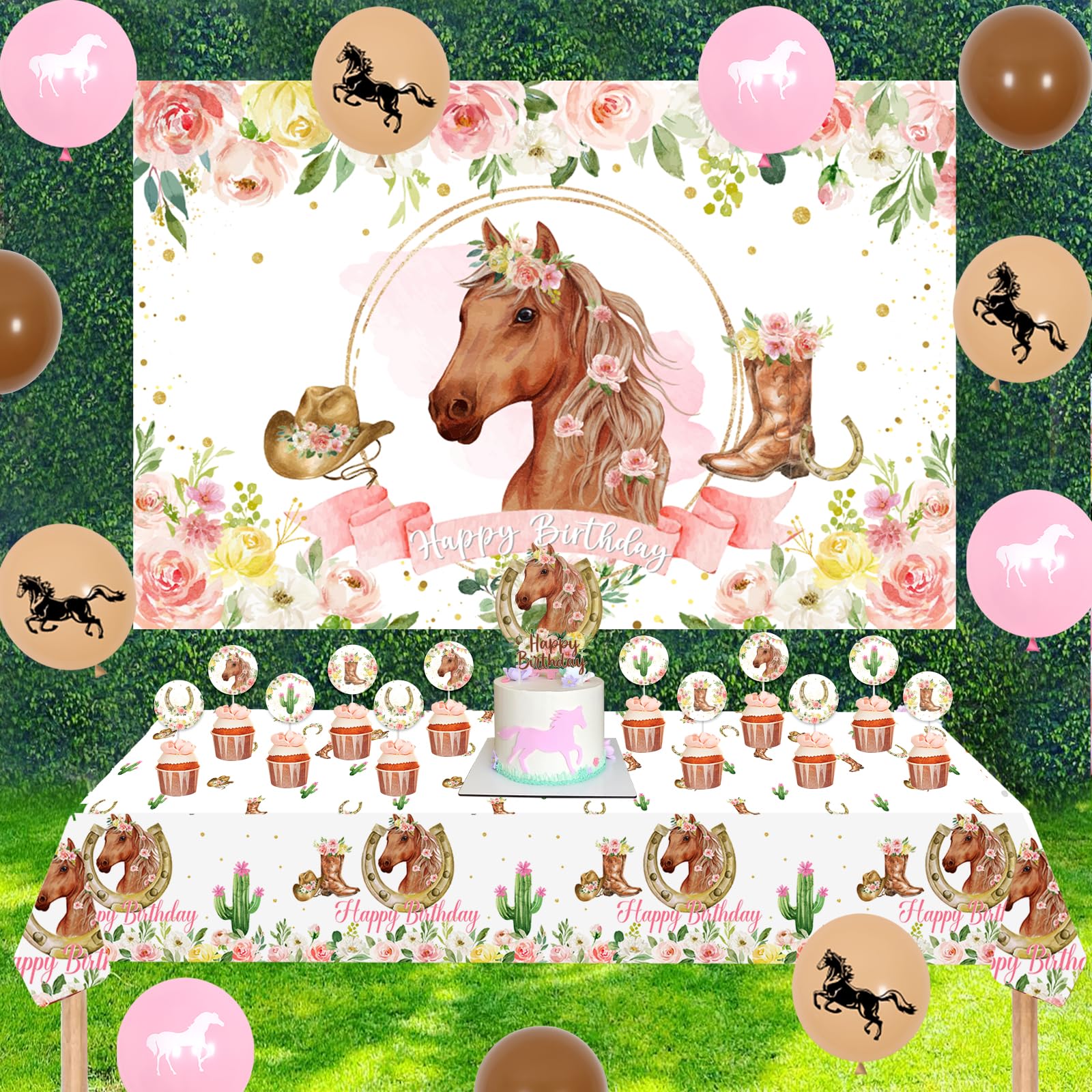 Western Cowgirl Birthday Party Decorations - Horse Theme Backdrop, Cake & Cupcake Toppers, Tablecloth for Girls | Perfect for Western-Themed Birthday Parties, Baby Showers & Cowgirl Celebrations
