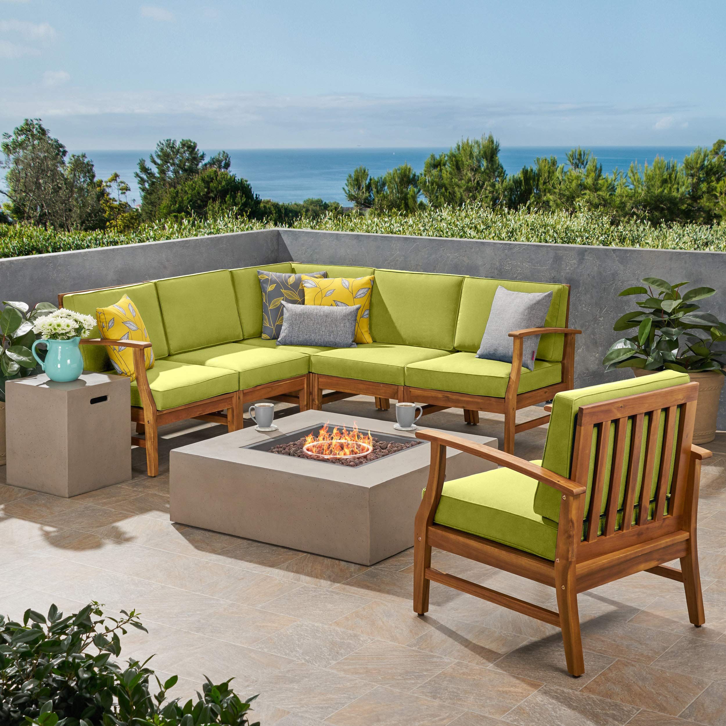 Premium 6-Piece Outdoor Acacia Wood Sofa Set with Square Fire Pit Table & Tank - Teak, Green & Light Gray - Perfect for Patio, Garden, Backyard & Poolside Relaxation