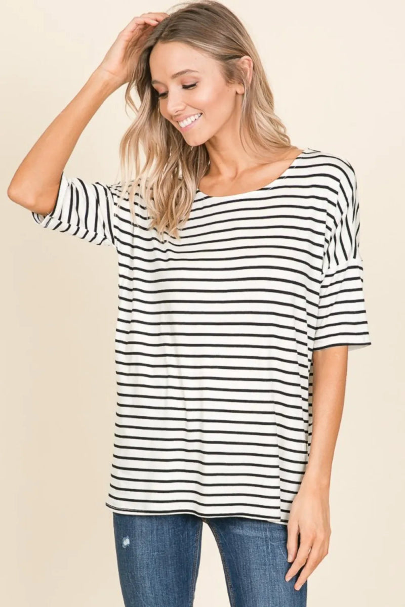 BOMBOM Striped Round Neck T-Shirt for Men & Women | Casual Comfort Fit Cotton Tee | Perfect for Everyday Wear, Outings & Relaxing