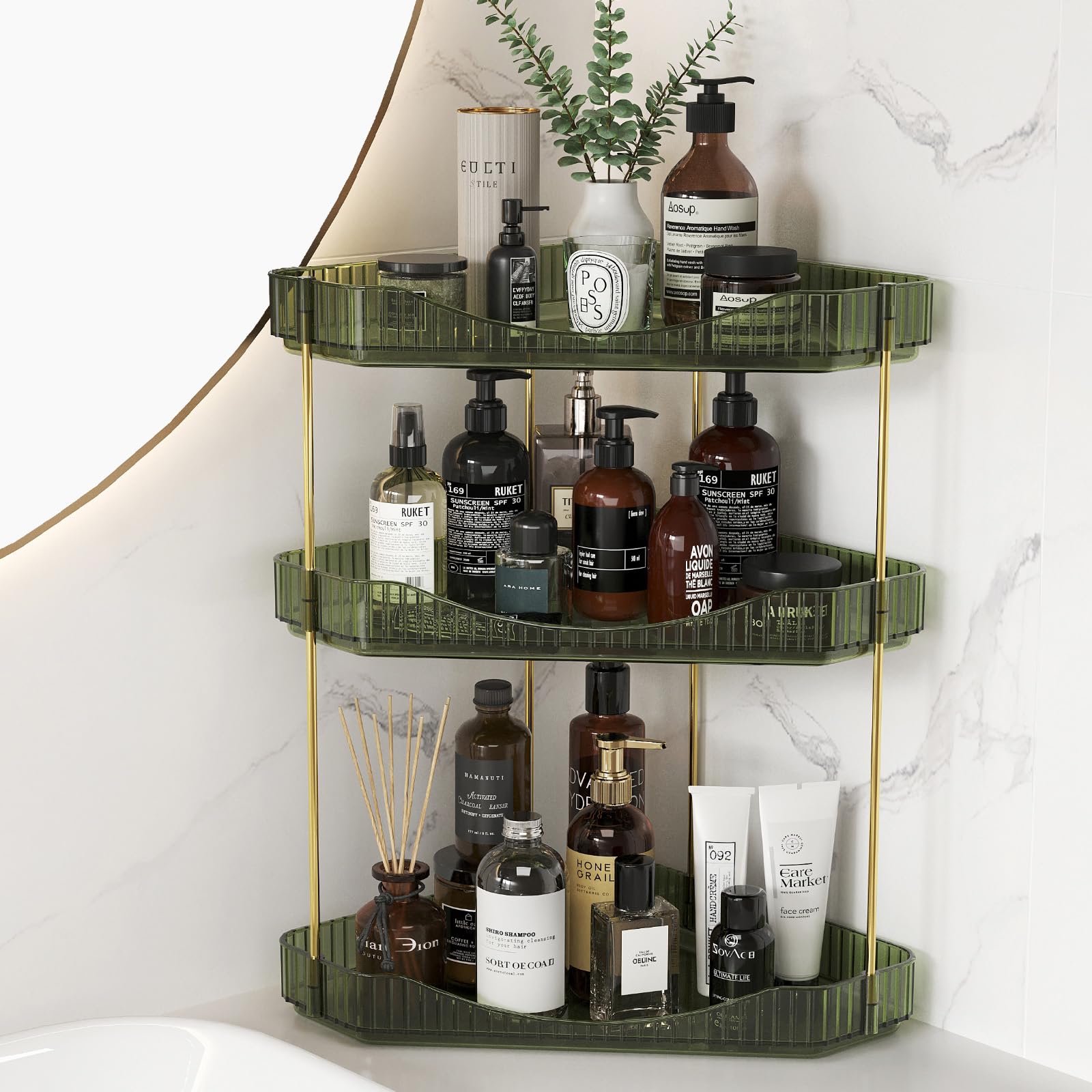3-Tier Corner Bathroom Organizer - Plastic Makeup & Skincare Storage Shelf for Countertop, Sink Vanity - Perfect for Cosmetics, Perfumes in Bedroom, Dresser, Kitchen - Space-Saving Green Organizer for Bathroom & Home Decor