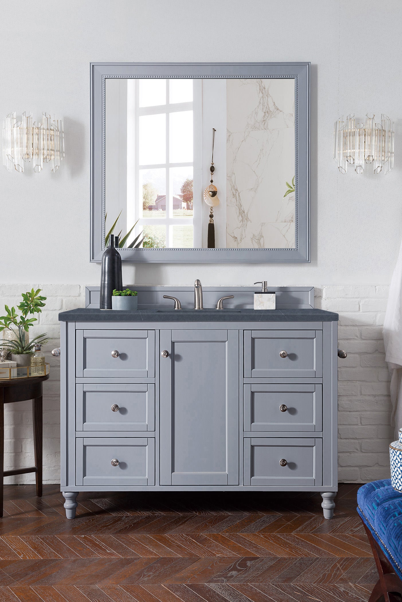 Copper Cove Encore 48 Inch Single Bathroom Vanity with Charcoal Soapstone Quartz Top - Modern Silver Gray Finish for Master Bath & Powder Room Remodeling