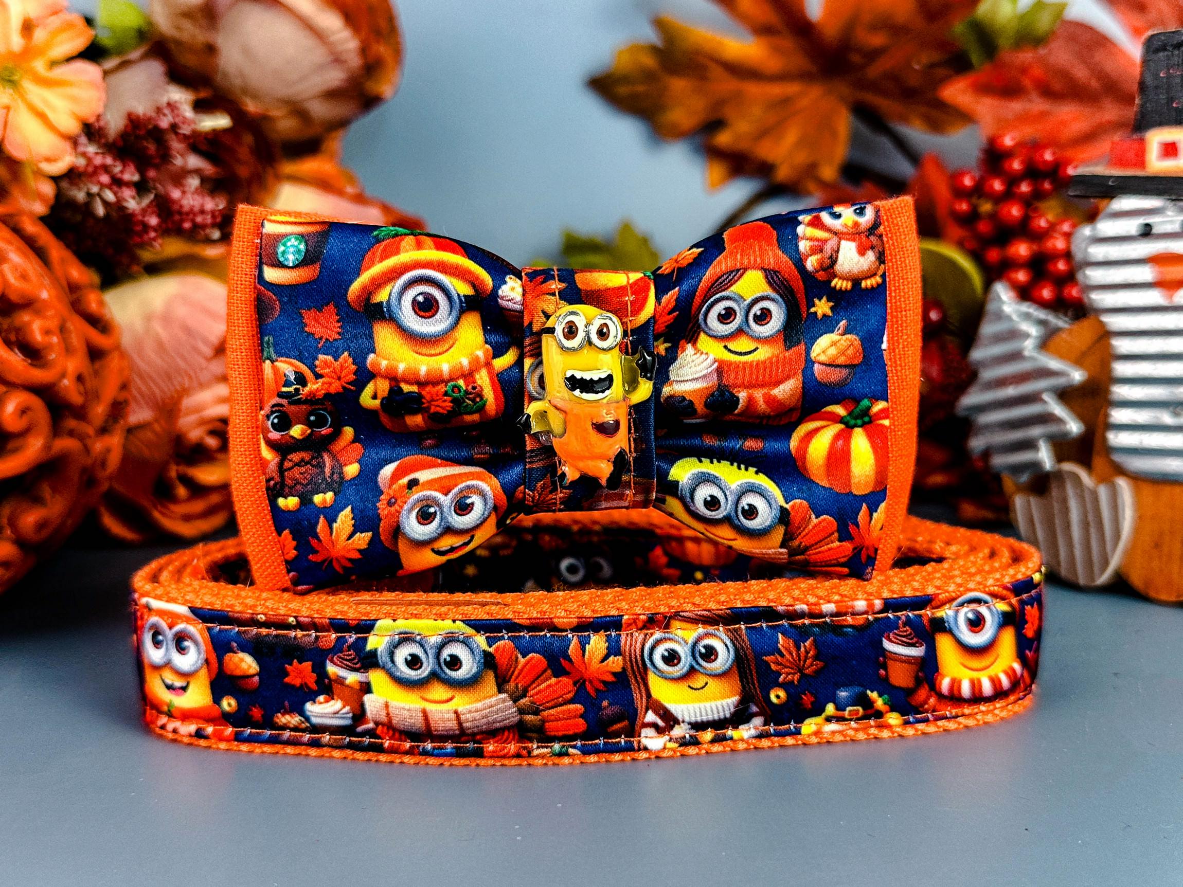 Stylish Dog Collar with Adjustable Bow Tie - Thanksgiving Minions Themed Pet Accessory for Small & Medium Dogs - Perfect for Holidays, Parties & Special Occasions