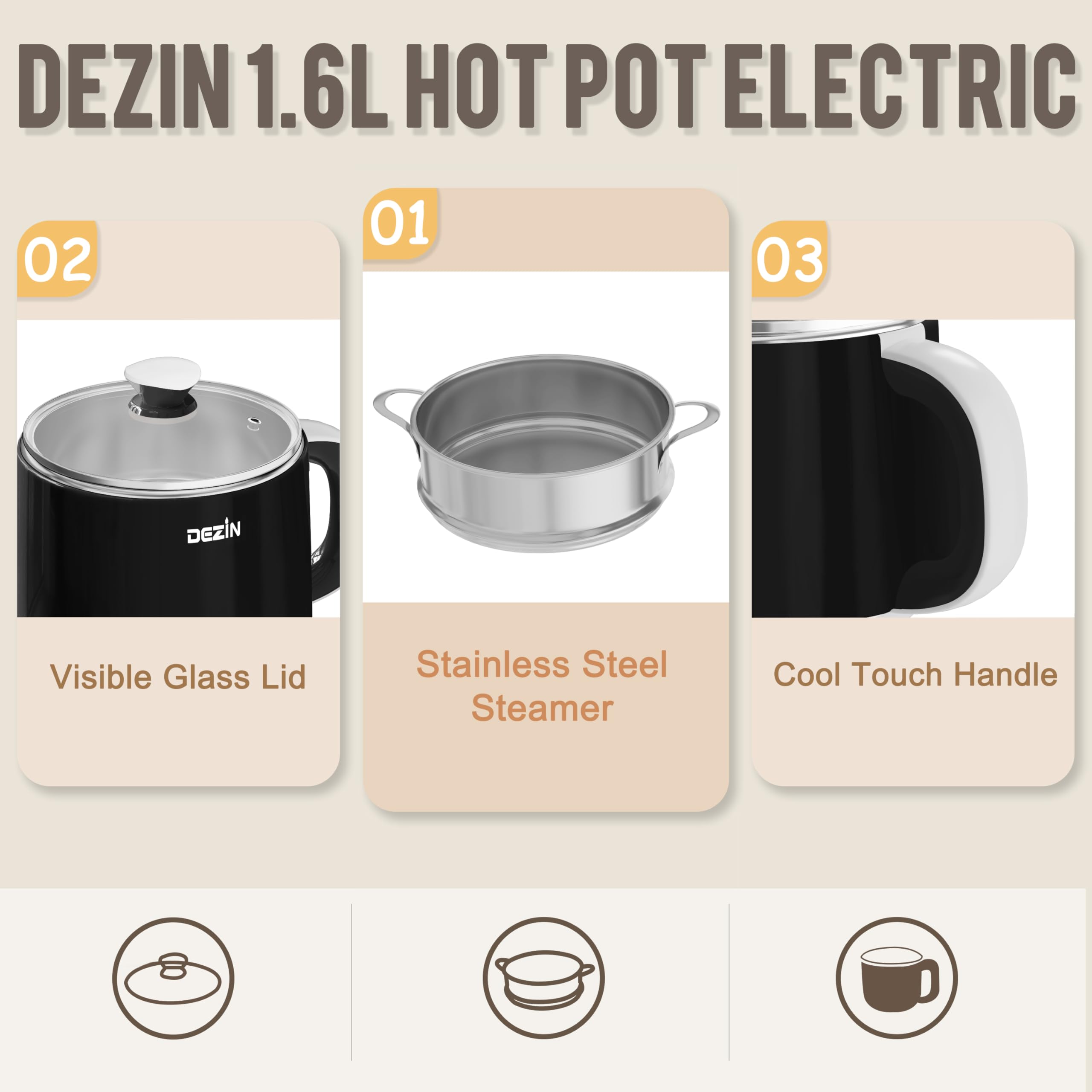 Dezin Electric Hot Pot with Steamer - 1.6L Stainless Steel Multi-Cooker for Ramen, Eggs, Dumplings, Soup & Oatmeal - Adjustable Temperature Control & Keep Warm Function - Perfect for Dorm, Office, Camping & Small Kitchen Cooking