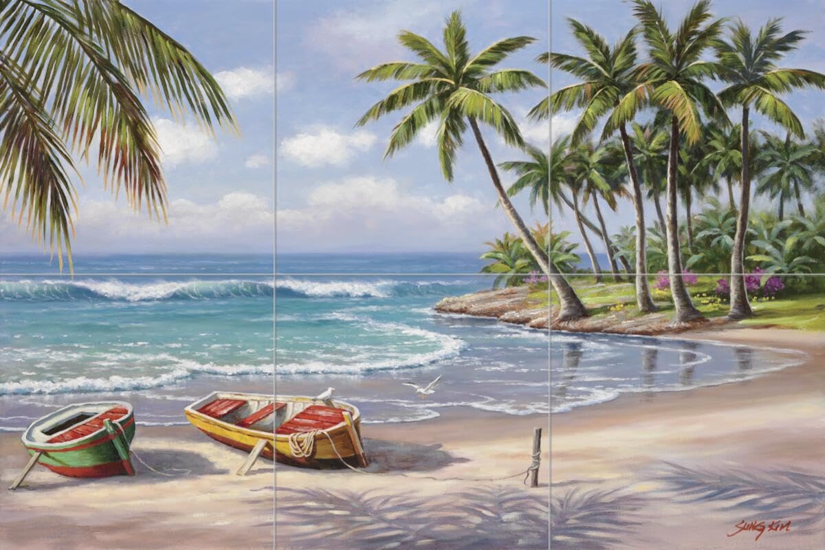 Ceramic Backsplash Tile Mural - Tropical Beach Ocean Scene for Kitchen, Bathroom & Shower Decor | Coastal Themed Wall Art by Sung Kim | Perfect for Beach House, Vacation Home & Spa Retreat
