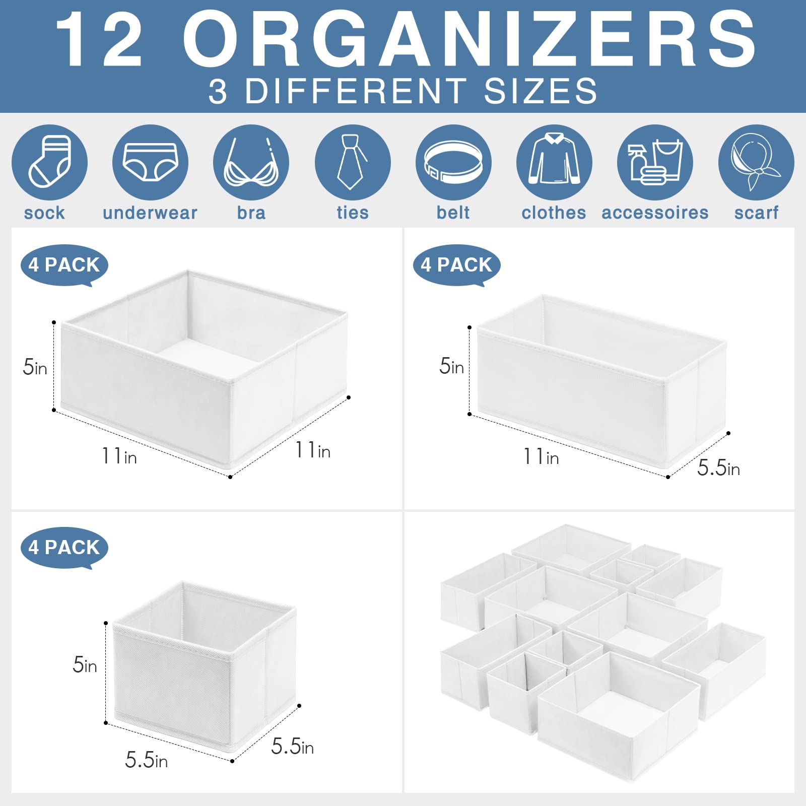 12-Pack Criusia Fabric Drawer Organizers for Clothes - Baby Clothes, Socks, Underwear & Bras Storage - Dresser Drawer Dividers for Nursery & College Dorm Organization - Perfect for Closet, Dresser & Small Space Storage