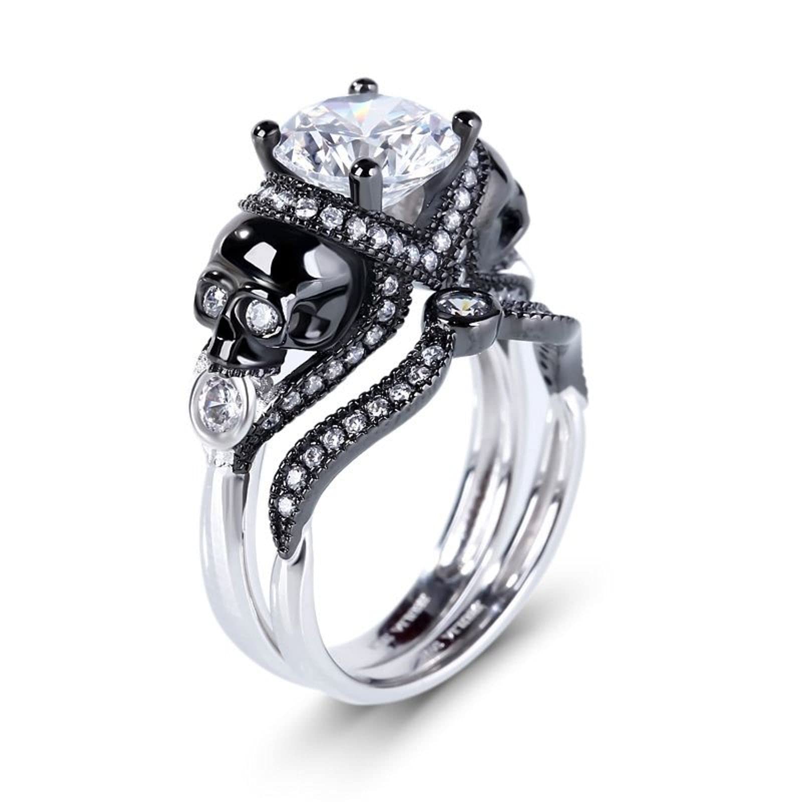 Jeulia 4.97 Carat Twist Skull Ring for Women - Sterling Silver Two Tone Round Cut White Diamond Bridal Set, Black Plated Engagement Promise Ring with Gift Box | Gothic Jewelry, Punk Fashion Accessory, Unique Wedding Band, Anniversary Gift
