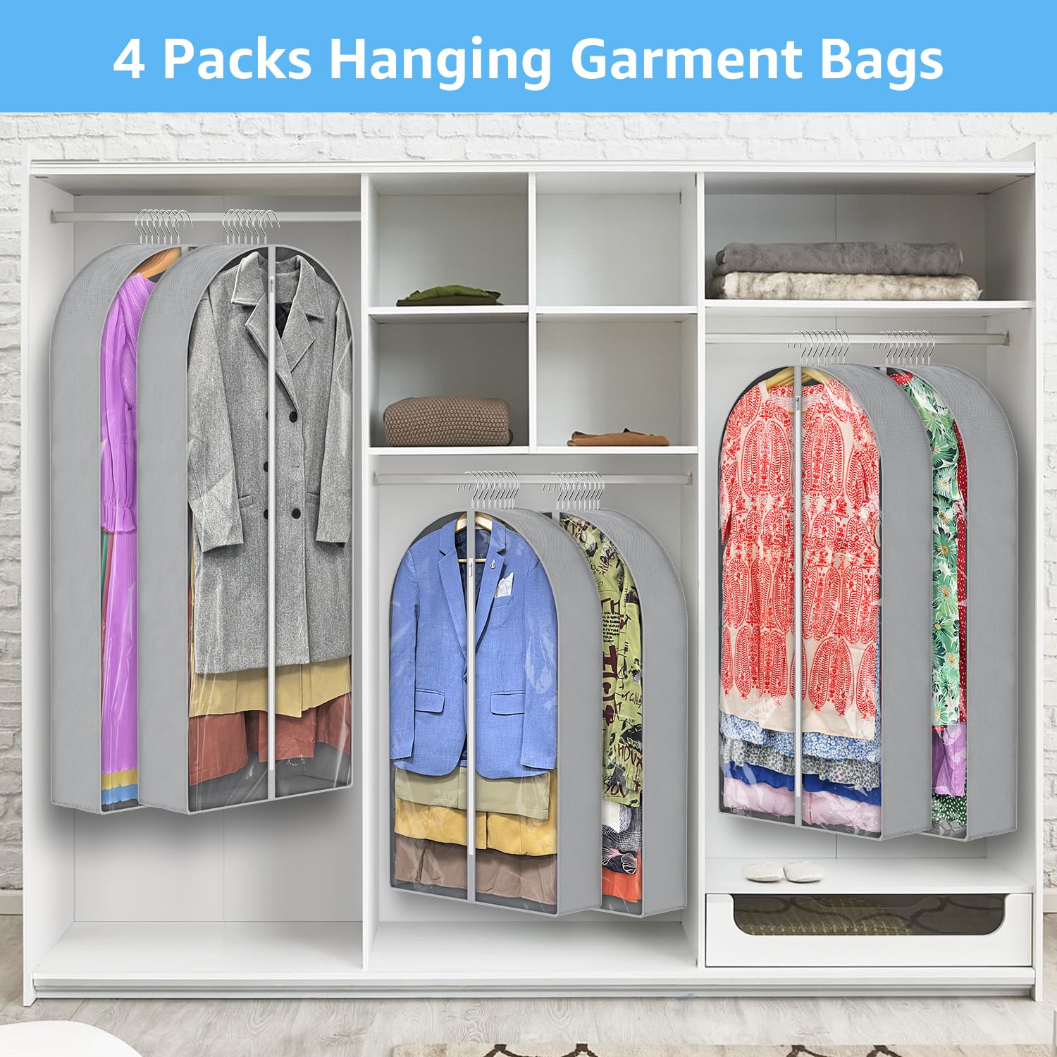 4 Pack 40'' Garment Bags for Hanging Clothes - 6.5'' Gusseted Storage Bags with Zipper - Travel Suit Protector for Clothes, Dresses & Formal Wear - Perfect for Closet Organization, Moving & Business Trips