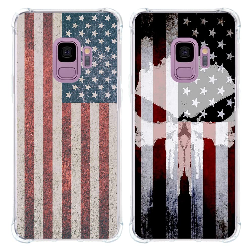 2 Pack Patriotic American Flag & Skull Skeleton Phone Case for Samsung Galaxy S9 - Shockproof, Anti-Slip, Slim Soft Clear Protective Cover (Perfect for 4th of July, Veterans Day & Patriotic Events)