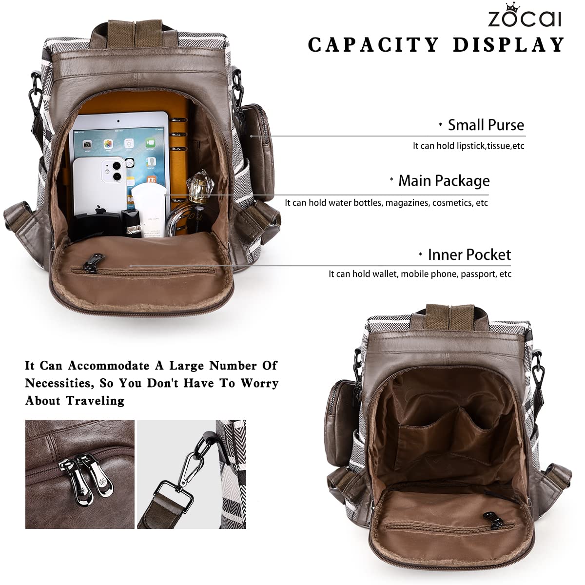 Stylish ZOCAI Women's PU Leather Anti-Theft Backpack Purse - Fashionable Shoulder Bag & Satchel for Work, Travel & Daily Use