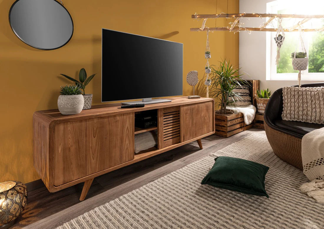 Premium Solid Acacia Wood TV Stand with 3 Doors - 180x45x60Cm Modern Entertainment Center for Living Room, Bedroom & Home Theater