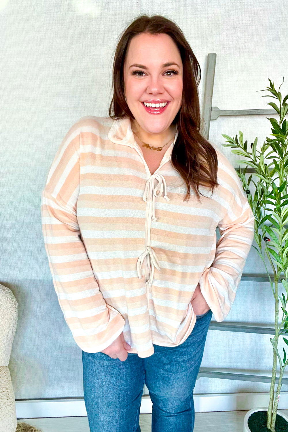Embrace Joy Beige & Ivory Striped Bow Tie Terry Top for Baby Girls | Soft Cotton Comfort Outfit for Newborn Photoshoots & Special Occasions