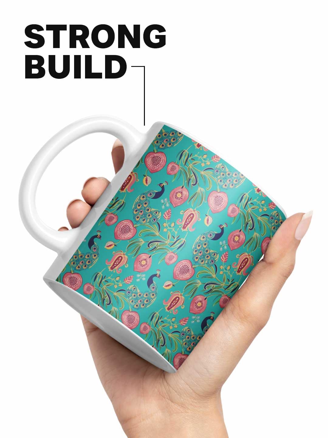Macmerise Payal Singhal Anaar and Mor Teal Ceramic Coffee Mug - Premium 325ml HD Printed Tea Cup, Microwave & Dishwasher Safe, Durable Hygienic Ceramic - Perfect for Home, Office, Gifts & Boho Decor