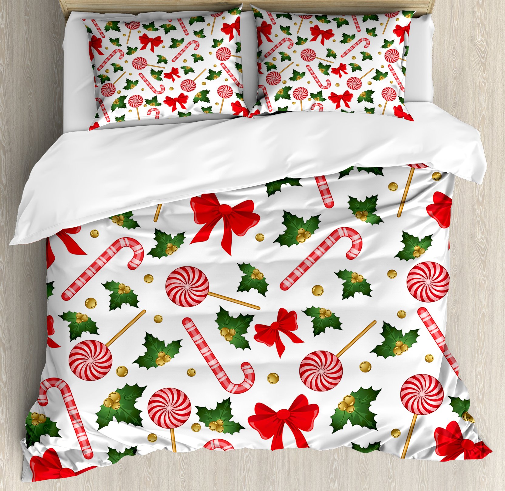 Ambesonne Christmas Candy Cane Duvet Cover Set - King Size 3-Piece Holiday Bedding with 2 Pillow Shams, Red & White Holly Berry Mistletoe Pattern for Festive Winter Decor | Perfect for Christmas Bedroom, Guest Room & Seasonal Home Staging