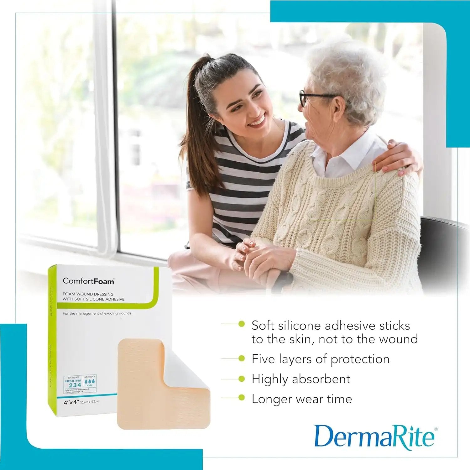 **ComfortFoam Border Silicone Foam Dressing Wound Care, 4x8 Inch Rectangle (Pack of 10) – Ideal for Pressure Ulcers, Surgical Wounds & Diabetic Foot Care**