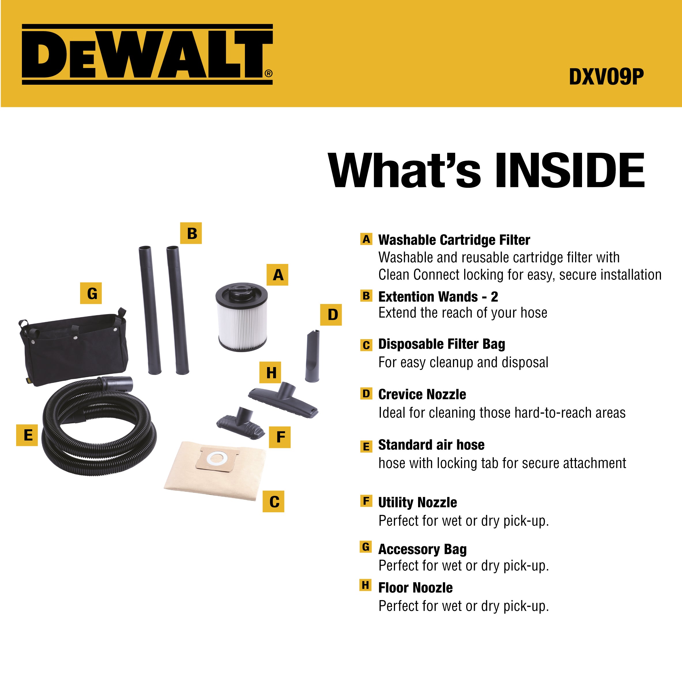 DEWALT 9 Gallon Poly Wet Dry Vacuum Cleaner - Heavy Duty Shop Vac for Garage, Workshop, and Home Cleaning (Model DXV09P)