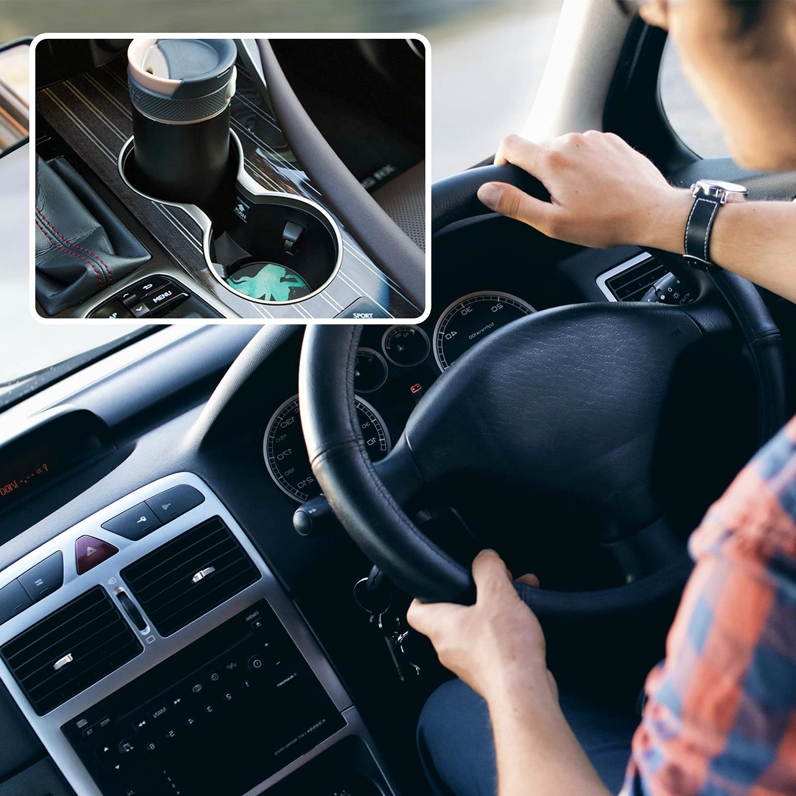 2 Pack Green Mermaid Car Coasters - Absorbent Ceramic Cup Holder Coasters for Cars with Non-Slip Grip (2.5 Inch) - Perfect for Preventing Spills in Vehicles, Office Desks & Home Use