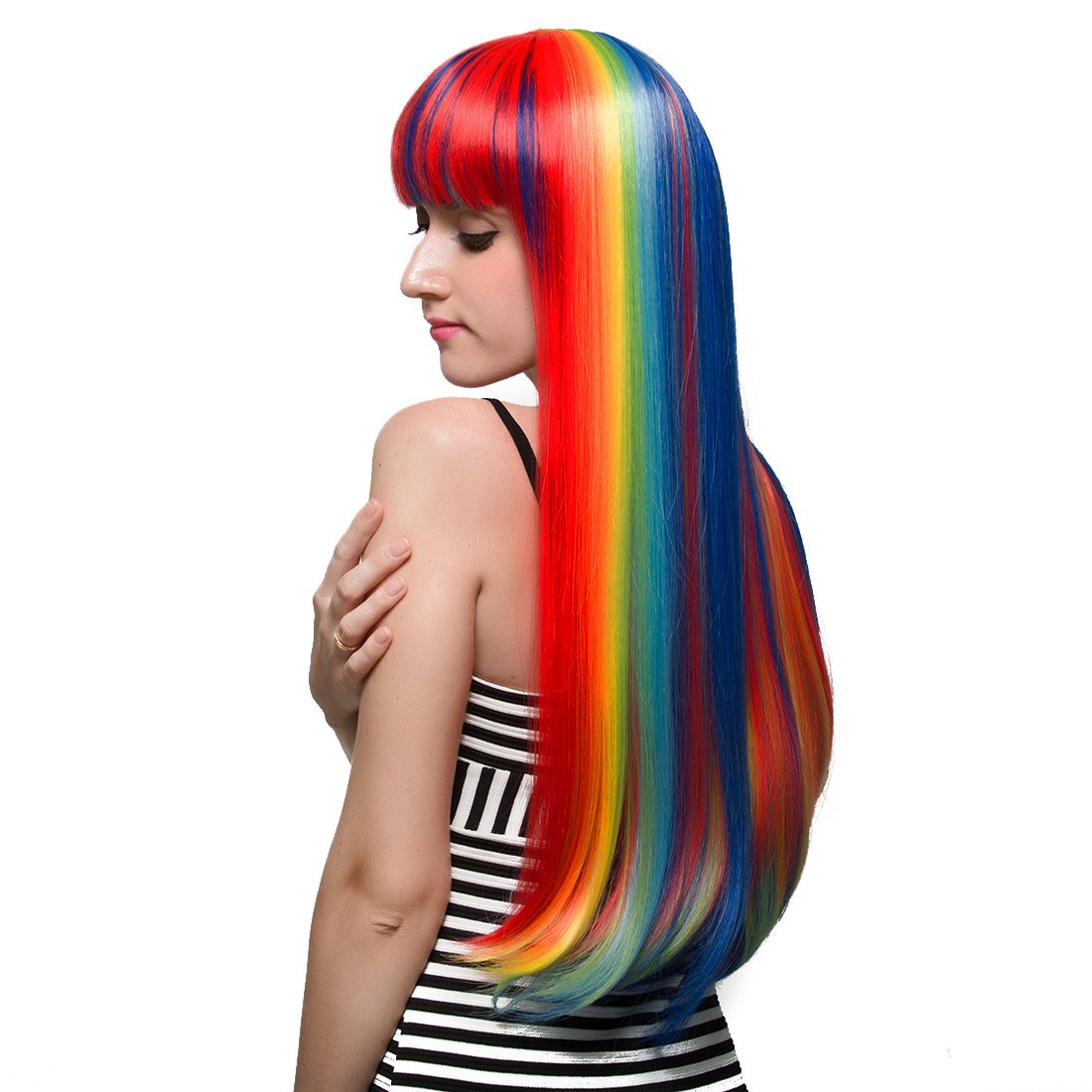 Rainbow Straight Wig with Bangs - Multi Color Heat Resistant Synthetic Wig for Girls | Cosplay, Music Festival, Halloween Costume, Party & Costume Events