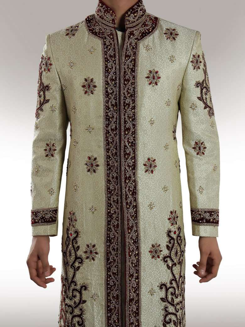 Luxury Designer Cream Brocade Sherwani for Men | Elegant Indian Wedding Attire | Perfect for Grooms, Festivals & Special Occasions