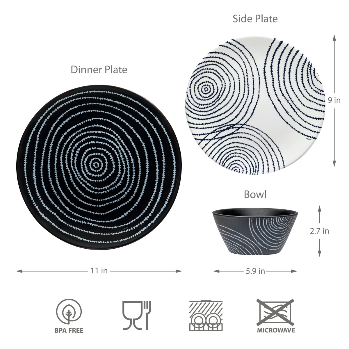 12-Piece Black Planet Melamine Dinnerware Set - Plates & Bowls for Outdoor Picnics, Camping, and Durable Everyday Use