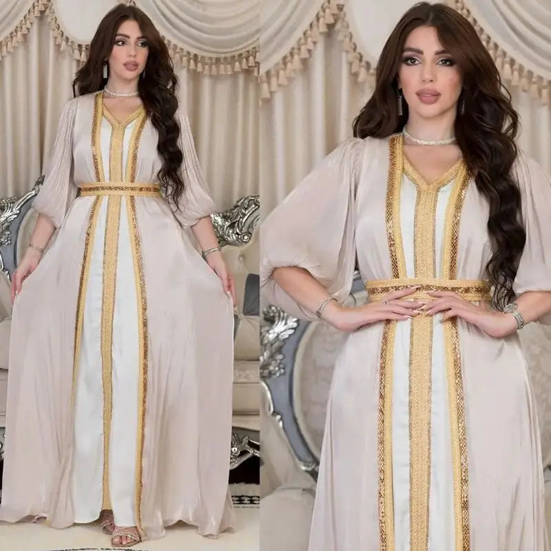Elegant 2-Piece Eid Dress Set - Hotfix Rhinestone Satin Open Abaya Kaftan with Matching Sleeveless Inner Dress | Perfect for Eid Celebrations, Weddings & Special Occasions