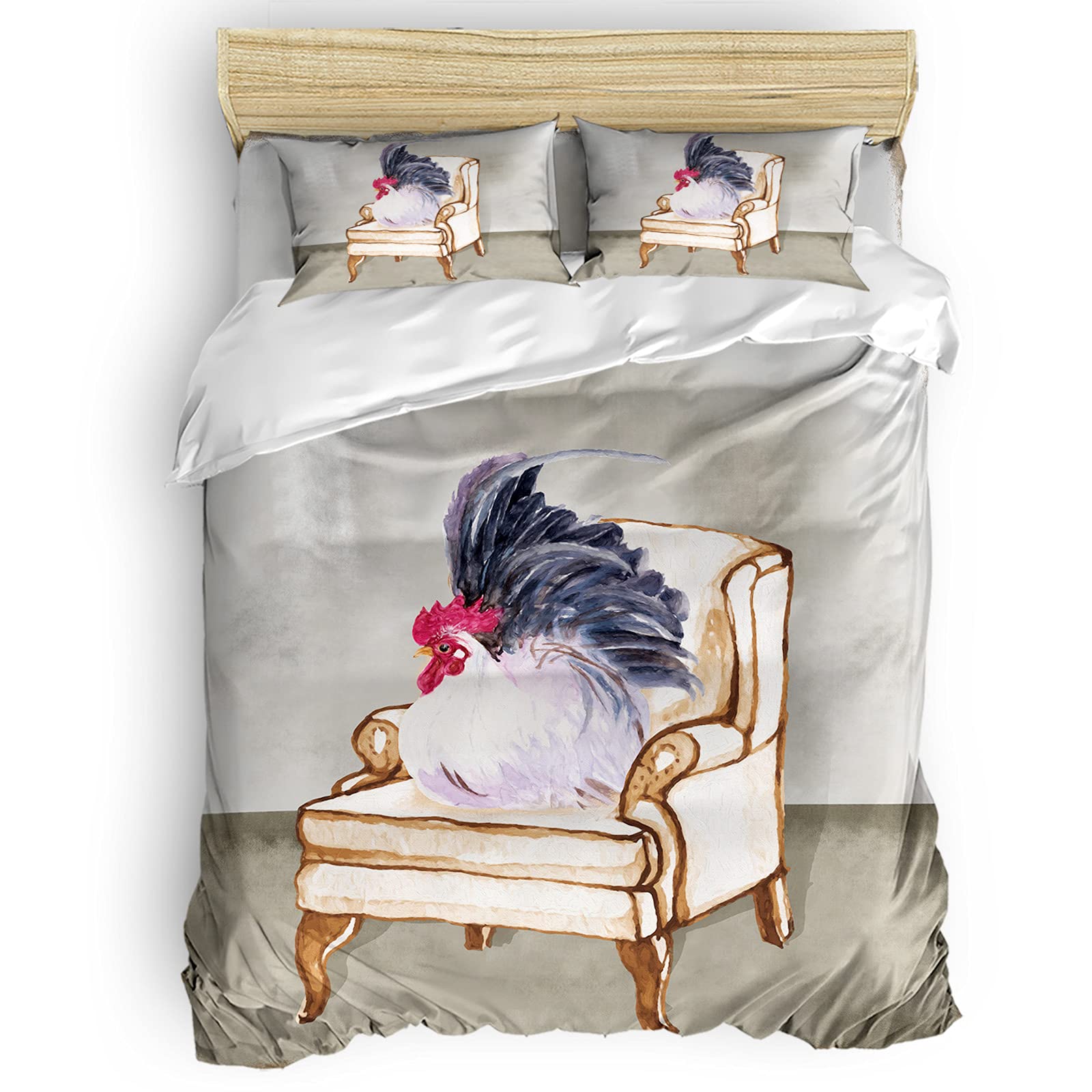4-Piece Lightweight Microfiber Duvet Cover Set with Chicken Print - Soft Full Comforter Cover for Adults & Teens - Retro Style Bedding for Cozy Bedroom Decor - Perfect for Home, Dorm, and Guest Room Use