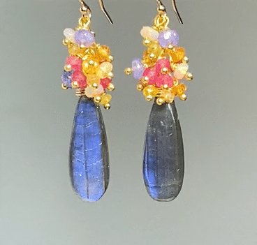 Labradorite and Sapphire Long Cluster Dangle Earrings - Gold Filled Elegant Jewelry for Women | Perfect for Weddings, Parties & Special Occasions