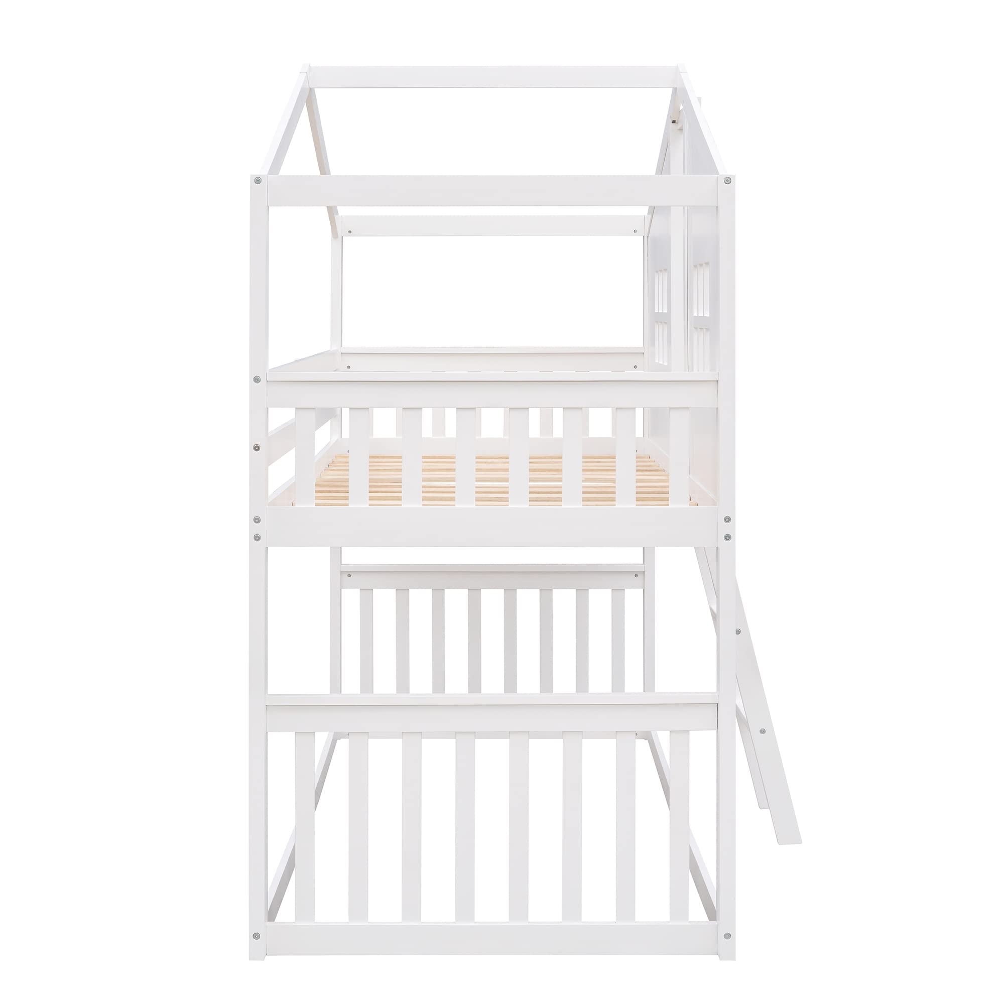 Polibi Twin-Over-Twin Wooden Bunk Bed with Roof, Front Windows & Ladder - Perfect for Kids' Bedrooms, Guest Rooms & Space-Saving Solutions