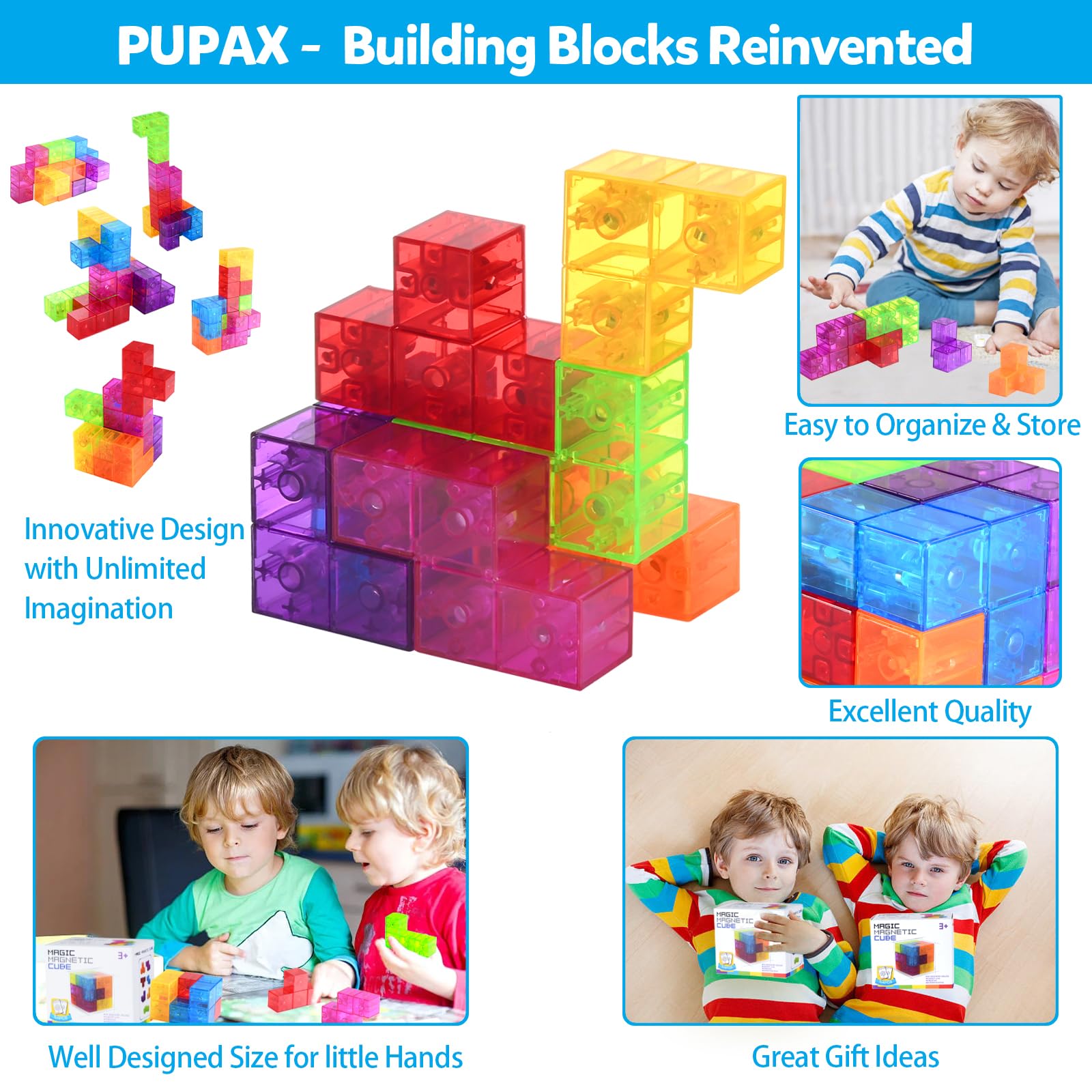 Magnetic Building Blocks Set - 7 Multi-Shape 3D Puzzle Cubes with 54 Guide Cards | STEM Educational Toys for Toddlers & Kids | Montessori Learning Toys for Boys & Girls | Perfect for Classroom, Home Play & Creative Development