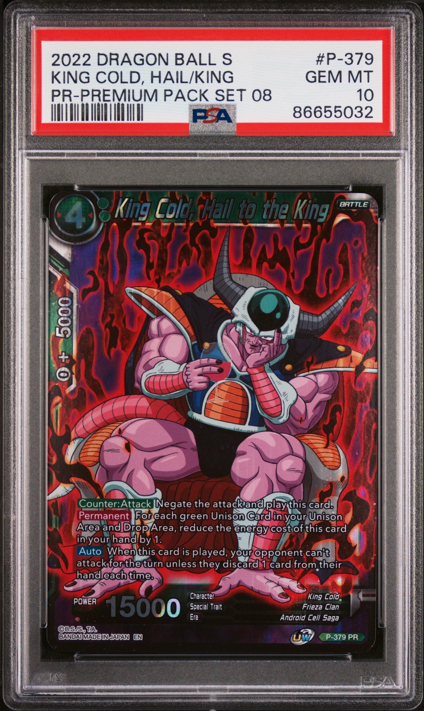 2022 Dragon Ball Super King Cold Hail King #P 379 PSA 10 Graded Trading Card - Perfect for Collectors, Anime Fans & Card Game Enthusiasts